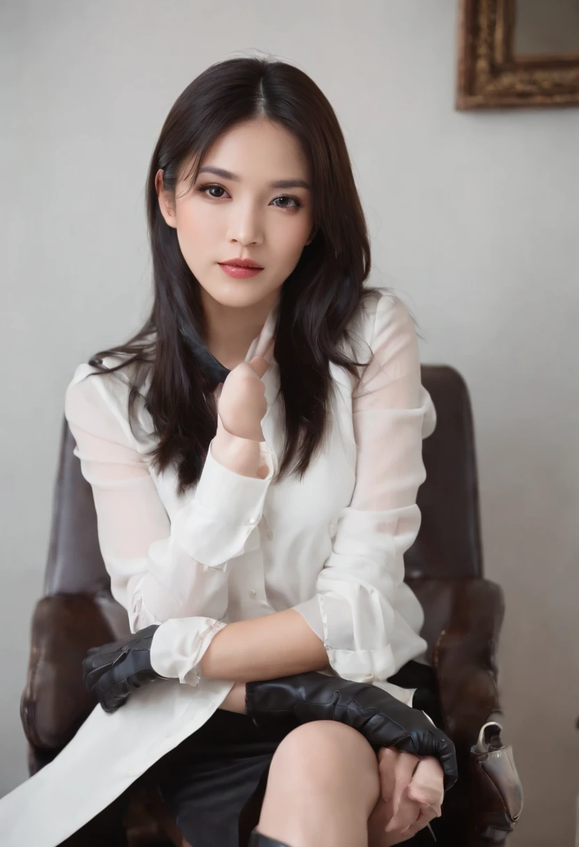 Black leather gloves with five fingers in both hands, black leather tight skirt, white blouse, black leather long boots, Japanese girl with straight black hair, sit on a leather chair with her feet aligned, both hands of leather gloves are aligned on her knees