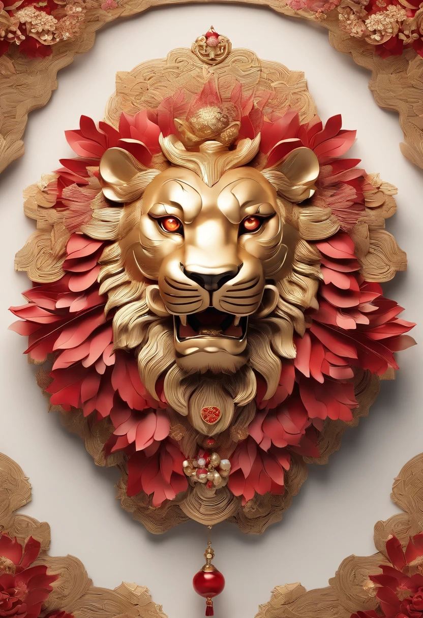 (Best picture quality, 4k,8k, high quality, masterpiece :1.2), super detail, (realistic, realistic, realistic :1.37), in the New Year festival, traditional lion dance performance, (a girl holding red gold thread hydrangea:1.3), a powerful lion dance, constantly blinking eyes and shaking head, girl and lion dance, lion head beautifully made, red jewel eyes, Blue jewel forehead decoration, ornate and luxurious lion head artwork, Chinese elements, traditional cultural background, traditional craftsmanship, exquisite handcrafting, opulent, majestic, sparkling gemstones, lifelike details, bright colors, shiny polished surfaces, decorative pieces, East Asian heritage, cultural heritage, antiques, bronze sculptures, symbols of power and strength, traditional lion dance, Eye-catching center, sophisticated design, authentic presentation, impressive craftsmanship.