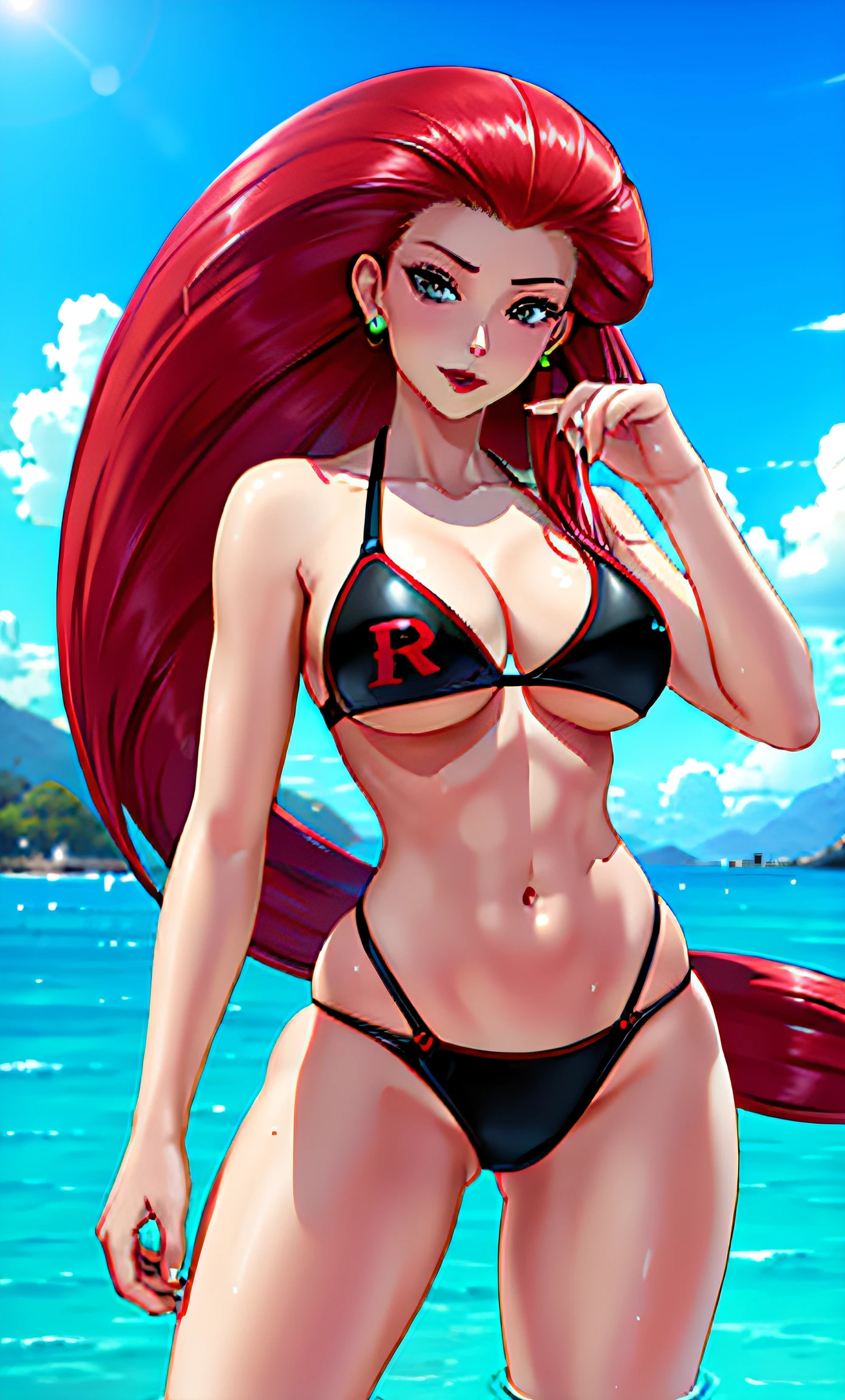 Masterpiece, Highres, high quality, Sexy girl Jessie from Pokemon, Team Rocket, red long hair, bikini