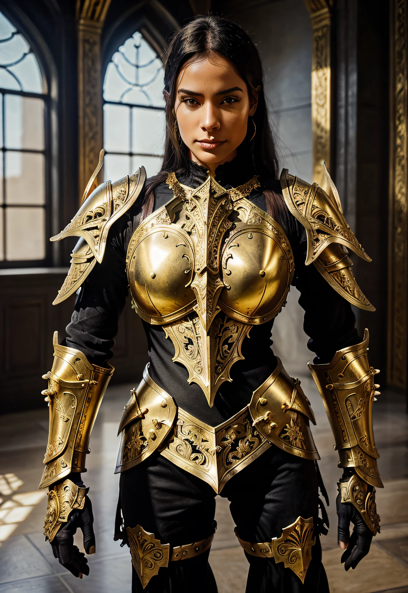knight in armor, standing in a room with a single window, through which a bright light is poured on him, Golden light, Fantasy warrior in full armor, (((ornate armor))), (black and gold armor, stunning armor, gold heavy armor). bright colours, dramatic, detailed fantasy armor, black and gold armor, (red gold), very stylish, Intricate, Perfect armor, beautiful armor, ornate Gothic armor, Wearing fantasy armor