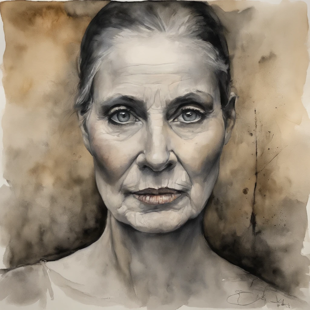 In the vein of Diane Arbus, create an image that encapsulates the torment of the protagonist's struggle. Transport the viewer to a 1940s setting with an old, metallic chamber as the backdrop, illuminated only by a faint, eerie light. Highlight the aged Nordic woman, her anachronistic presence marked by her attire and stature. Capture the desolation in her eyes as she futilely tries to break free from the unyielding chains, her face contorted with anguish, mirroring the complexities of the human condition.
