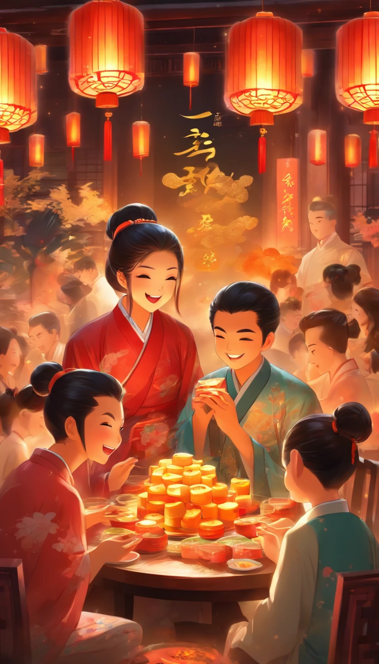 Family at the dinner table，A family eats mooncakes，Men honor their parents with gifts in their hands, Happy family, There are mooncakes on the table,Gift in hand， tea drinking and paper lanterns, warm and joyful atmosphere, Digital illustration, Poster illustration, ???, , digital illustrations , Chinese style painting, , exciting illustration,