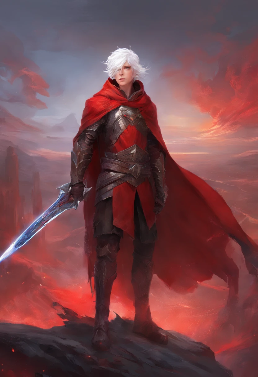 1boy, white hair. red eyes, demoic, red tech armor, red cape, 2daggers, post apocalyptic ciy, high res, ultrasharp, 8k, masterpiece, looking at viewer