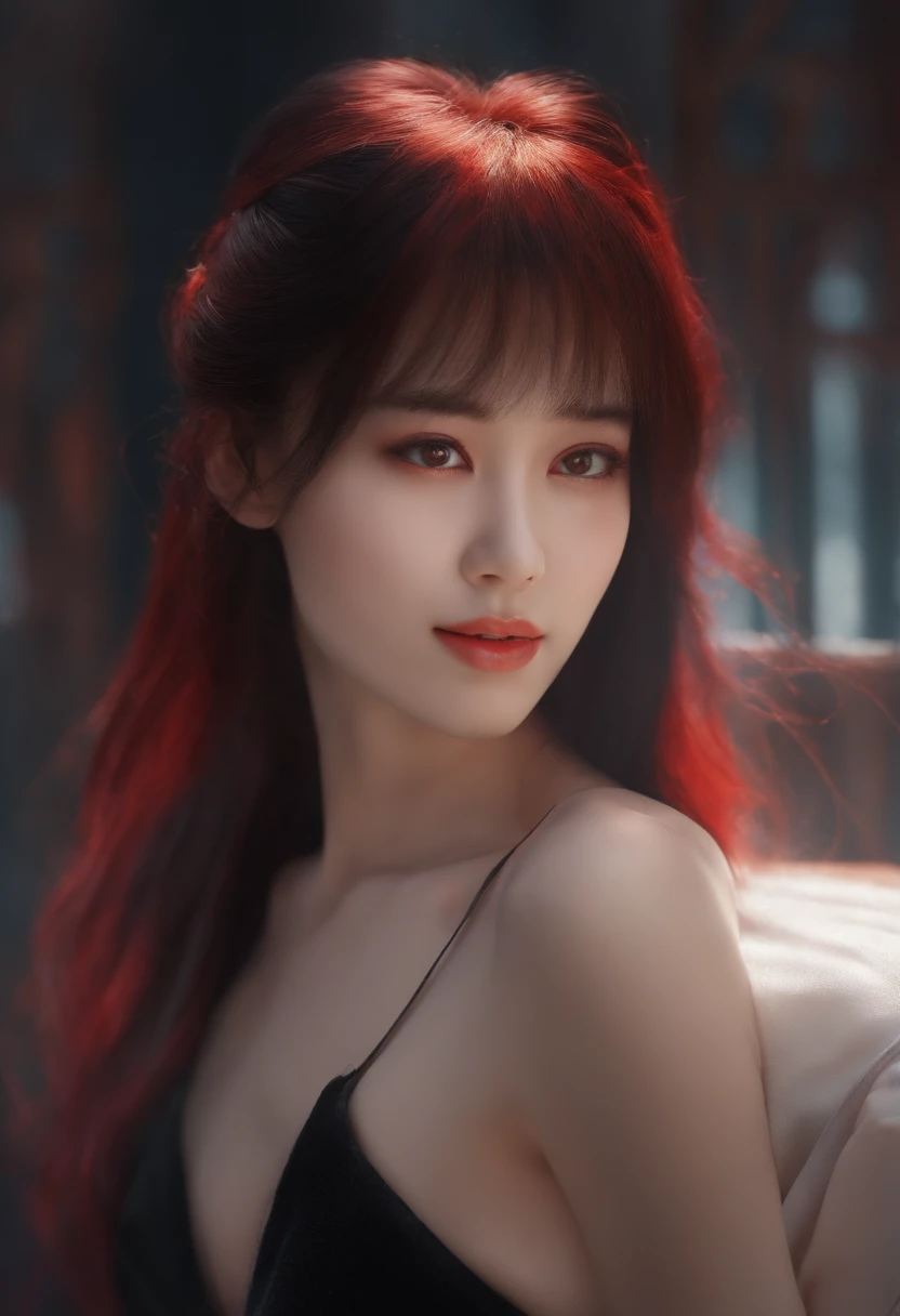8K, UHD, 1 girl, 24 years old, lying on the bed, mouth slightly open, big breasts, ponytail, red hair color, close your eyes 1.8, neon light, dark,