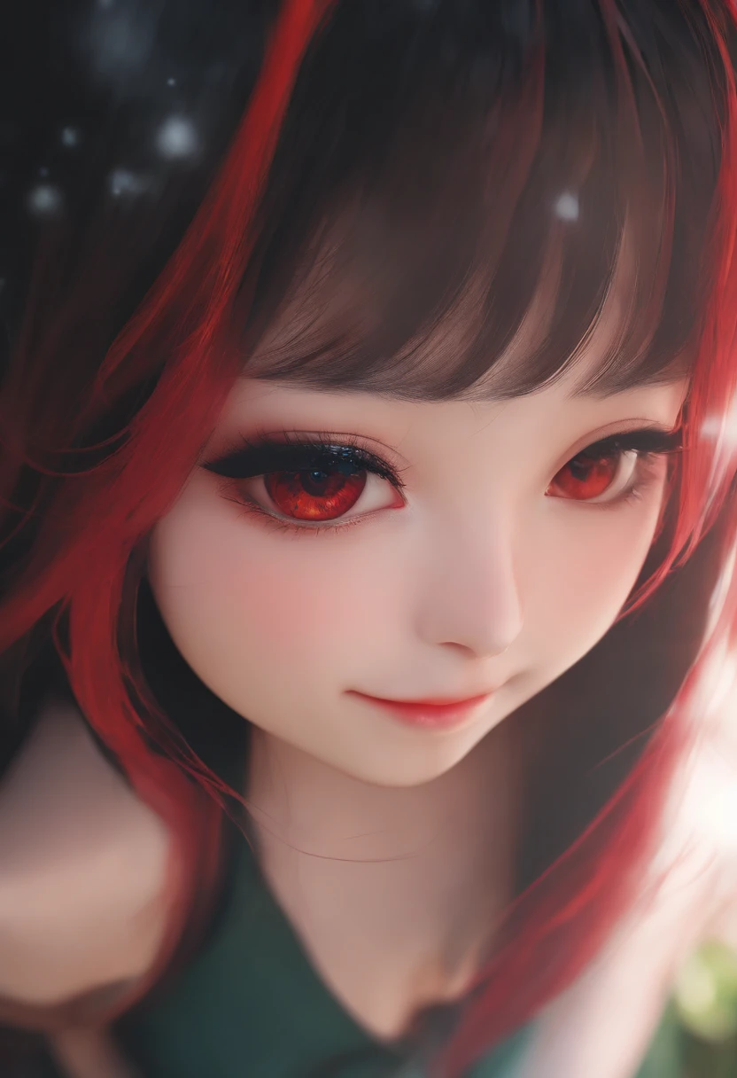 black hair, long eyelashes, light smile, tusk, striated hair, multicolored hair, colored inner hair, red hair, hair clip, mole under eyes, incompatible pupils, empty eyes, empty eyes, dilated pupils, heart-shaped pupils, smiling, shadow, anaglyph, depth of field, motion blur, brightness, color field painting, anime style, 8k, super detail,  best quality, UHD, 8k  ,porn