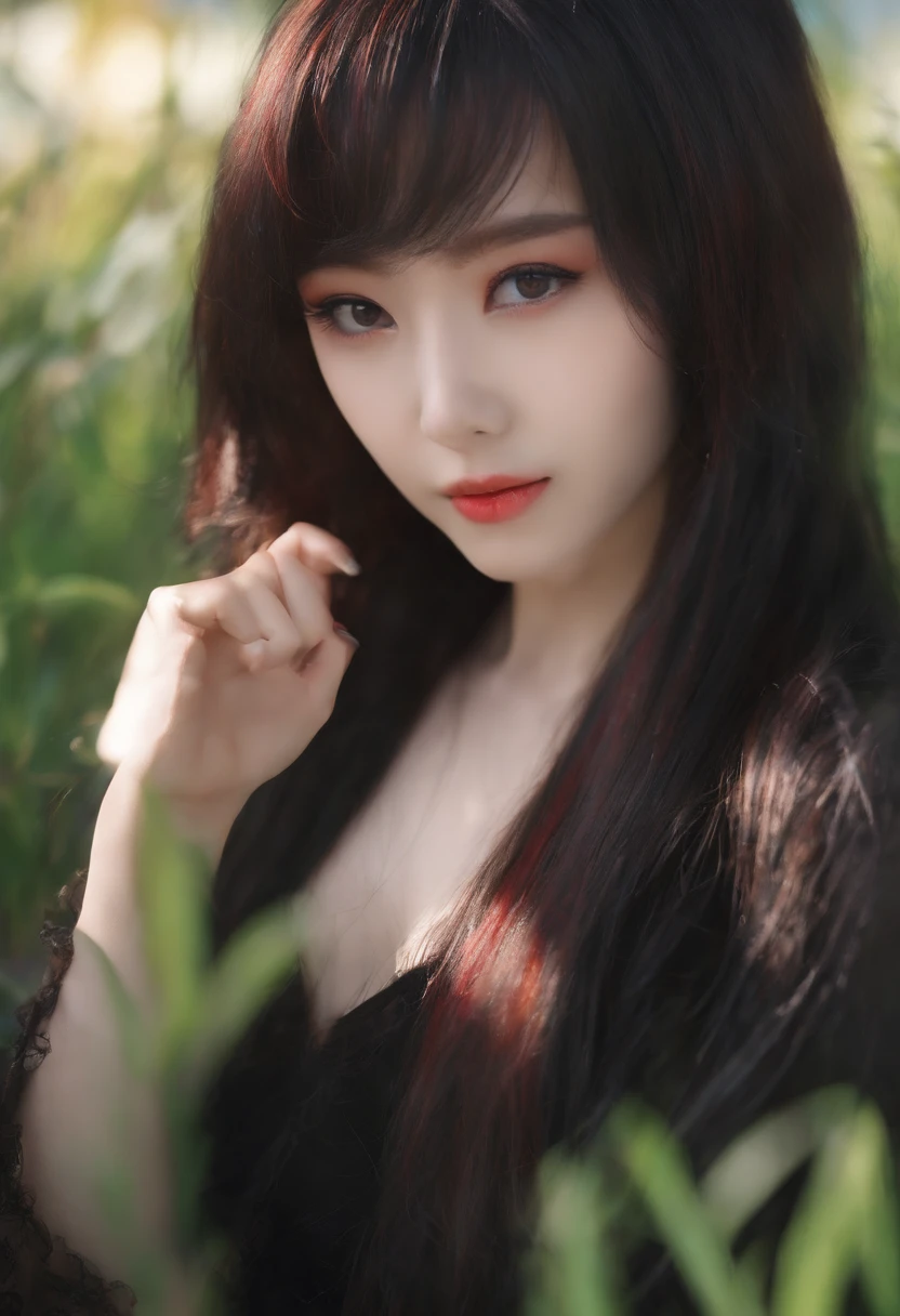 black hair, long eyelashes, light smile, tusk, striated hair, multicolored hair, colored inner hair, red hair, hair clip, mole under eyes, incompatible pupils, empty eyes, empty eyes, dilated pupils, heart-shaped pupils, smiling, shadow, anaglyph, depth of field, motion blur, brightness, color field painting, anime style, 8k, super detail, best quality, UHD, 8k ,porn