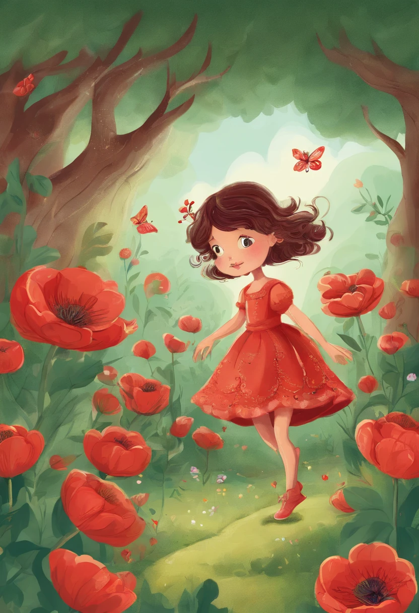 Illustration of a girl, con un vestido rojo, Playing in a garden, amapolas, short brown hair, kids book illustration, cute storybook illustration, ADorable pintura Digital, illustration for children, childrens illustration, hermoso arte digital,