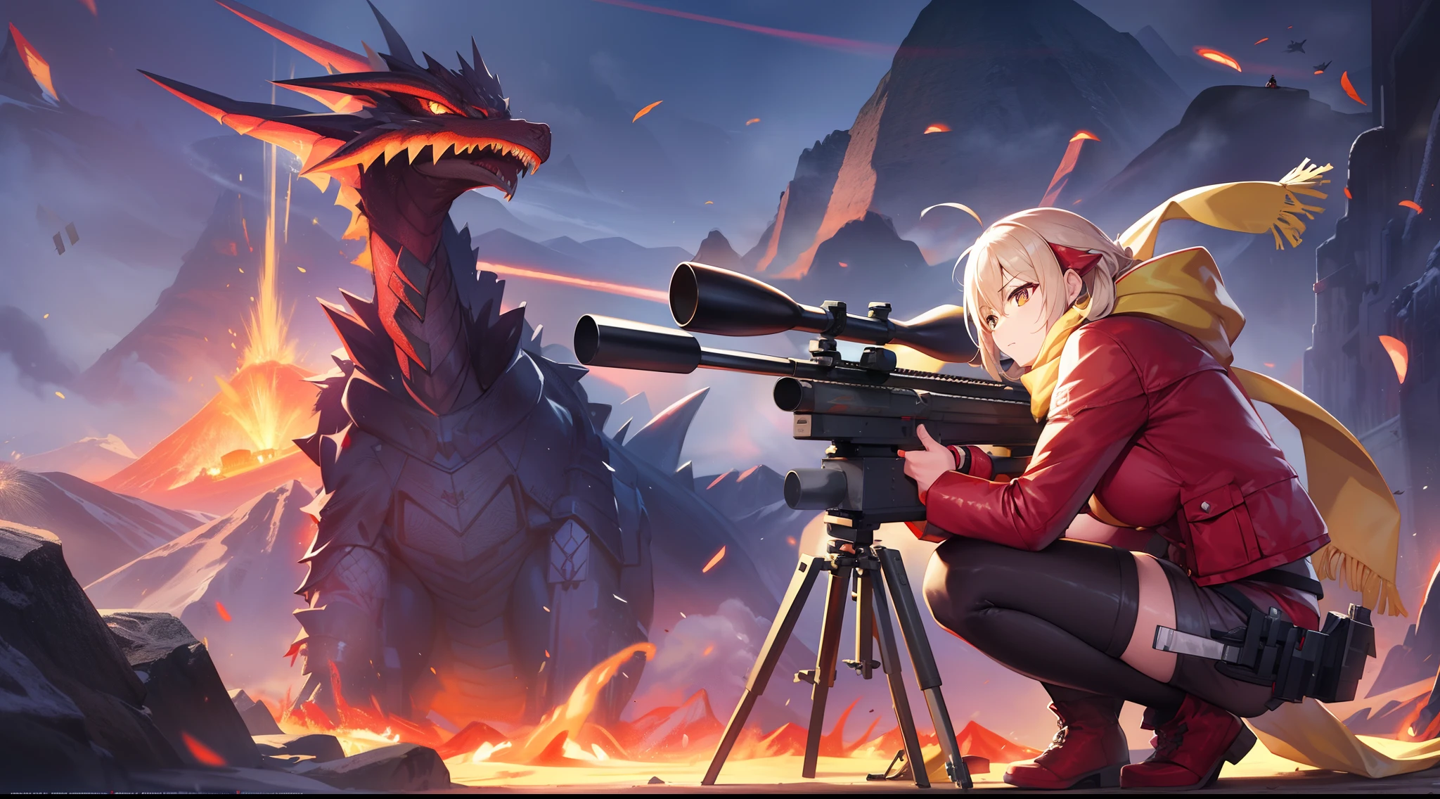 Outrageous resolution、​masterpiece++、top-quality++、ultra-definition++、ultra-definition++、4K++、8K++、From Side、（Background Focus）++、Dressed woman crouching in red jacket and yellow scarf and sniper rifle in city destroying volcano、Praise the busty mature sniper killing dragon、Huge chest sniper scrouching in red jacket and yellow scarf in volcano to kill dragon rune、Sniper with sniper rifle and crouching in red jacket and yellow scarf at volcano、Magic to kill dragons by mature snipers with huge chests、Sniper and sniper rifle in red jacket and yellow scarf killed dragon in volcano flying overhead、Wearing a red jacket and yellow scarf and sniper rifle at the volcano、Married woman crouching to kill dragon on mature sniper with huge chest、President crouches in red jacket and yellow scarf with sniper rifle at volcano、Kill a dragon by a mature sniper with a huge chest、Detailed contemporary art、Contemporary Art Style、Squatting in a yellow scarf with a red jacket and sniper rifle、Break witches with beautiful modern volcano sniper killing dragons、Crouching with a sniper rifle in a red jacket and yellow scarf at a volcano、College student killing dragon on busty mature female sniper、Contemporary Art Behans、Crouching with a sniper rifle in a red jacket and yellow scarf at a volcano、High school student killing dragon on mature sniper with huge chest、Female sniper with huge chest sniffing sniper rifle in red jacket and yellow scarf kills dragon in beautiful volcano、Wearing a red jacket and yellow scarf with a sniper rifle、Crouch on a mature sniper with huge chests to defeat a dragon、Shiny floating volcanic fragments、Giant chest sniper killing dragon with red jacket and yellow scarf with sniper rifle at volcano、 Sparks of a giant chest sniper crouching in a red jacket and yellow scarf in a dazzling volcano to kill a dragon、Chain mocking dragon with mature sniper sniper rifle crouched in red jacket and yellow scarf in volcano、Giant chest sniper killing dragon with red jacket and yello