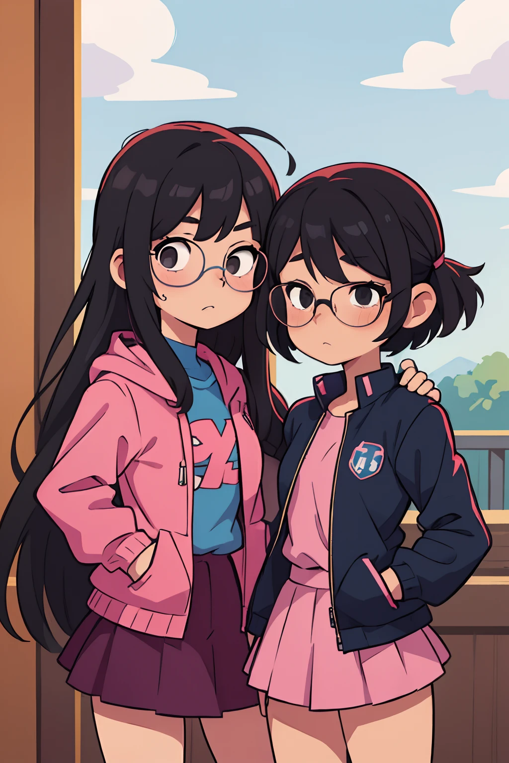 ((beste-Qualit, tmasterpiece)),
a 1girl, in anime style, with black eyes, with a sweet and kind face, He holds black glasses in his hand, pink jacket with skirt skirt color blue.2girl, stands together with 1 girl, in blue shirt color, hairlong.