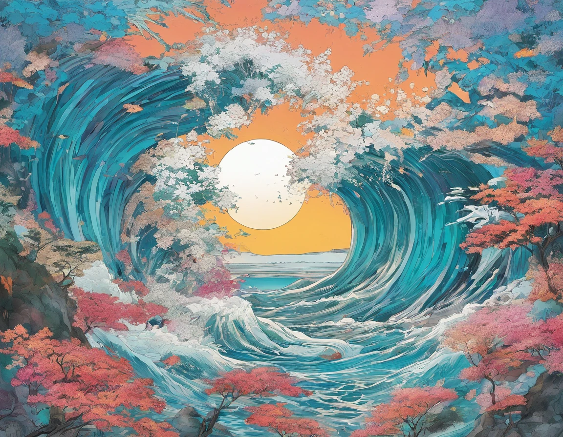 Painting of a wave breaking in the ocean with a full moon in the ...