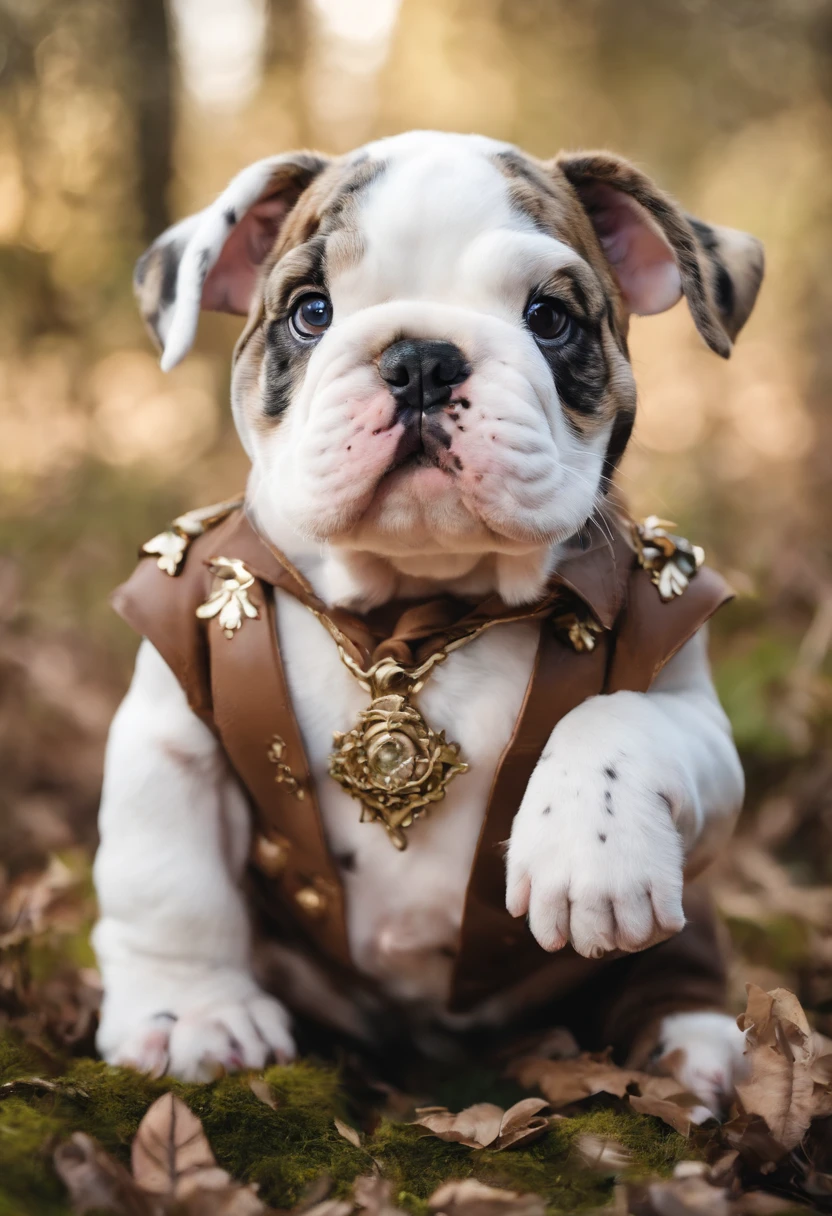 Make a chocolate merle English bulldog puppy with several spots and a pacifier in its mouth, kawaii style