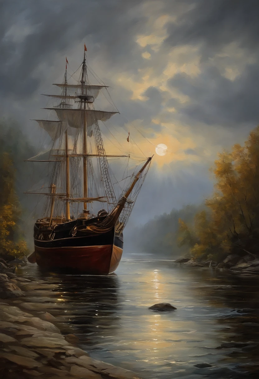 Real picture（（Oil paints ））Landscape painting,acrycle painting，Brush strokes，With unparalleled realism,ultrawide,ominous skies,Sail ships,Wooden boats,Lotus,Huge waves,Starry night,Harry Potter,voluminetric lighting,Clearing,Realistic,james gurney,art  stations，（（Oil painting paint））