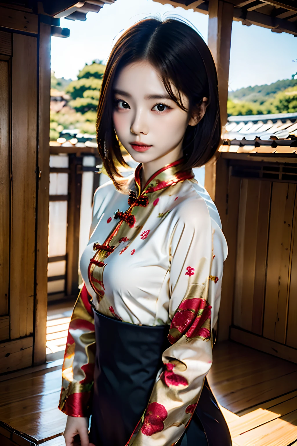 8K, Raw photo, Best Quality, masutepiece:1.2), (Realistic, Photorealsitic:1.37),1girl in, Cowboy Shot,Professional Lighting, Photon mapping, Radio City, Raw photo、(Photorealsitic:1.4)、Octane number renderin、Complex 3D rendering ultra detail, Studio Soft Light, Rim Lights, vibrant detail, super detailing, realistic skin textures, Detail Face, Beautiful detail eyes, Very detailed CG Unity 16k wallpaper, make - up, (detailedbackground:1.2),Best Quality, 超A high resolution, masutepiece, 1girl in, 20yr old, Black hair,(Cheongsam), cute face,a short bob,slightly disheveled hair,kyoto,Kiyomizu-dera Temple,a temple background