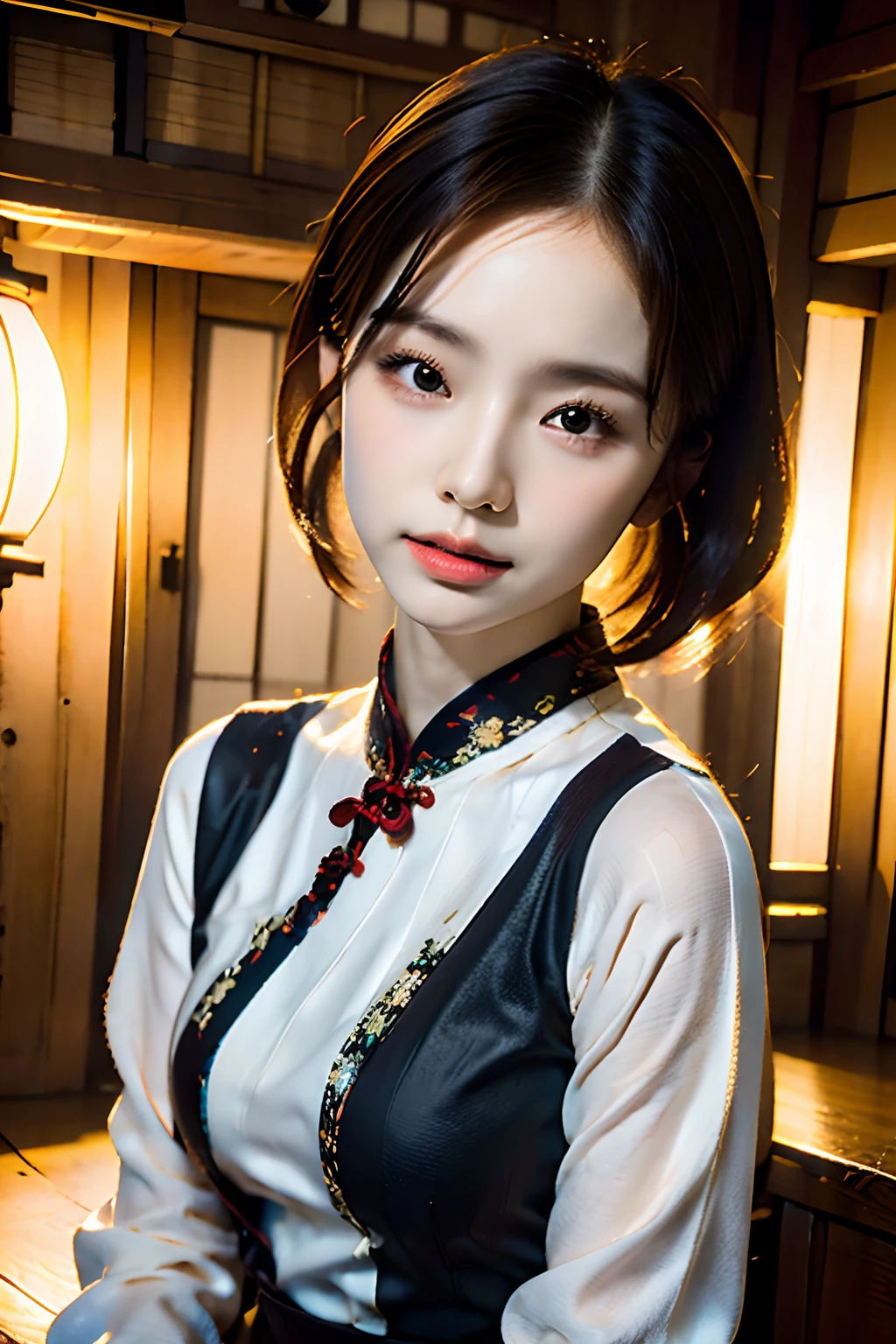 8K, Raw photo, Best Quality, masutepiece:1.2), (Realistic, Photorealsitic:1.37),1girl in, Cowboy Shot,Professional Lighting, Photon mapping, Radio City, Raw photo、(Photorealsitic:1.4)、Octane number renderin、Complex 3D rendering ultra detail, Studio Soft Light, Rim Lights, vibrant detail, super detailing, realistic skin textures, Detail Face, Beautiful detail eyes, Very detailed CG Unity 16k wallpaper, make - up, (detailedbackground:1.2),Best Quality, 超A high resolution, masutepiece, 1girl in, 20yr old, Black hair,(Cheongsam), cute face,a short bob,slightly disheveled hair,kyoto,Kiyomizu-dera Temple,a temple background