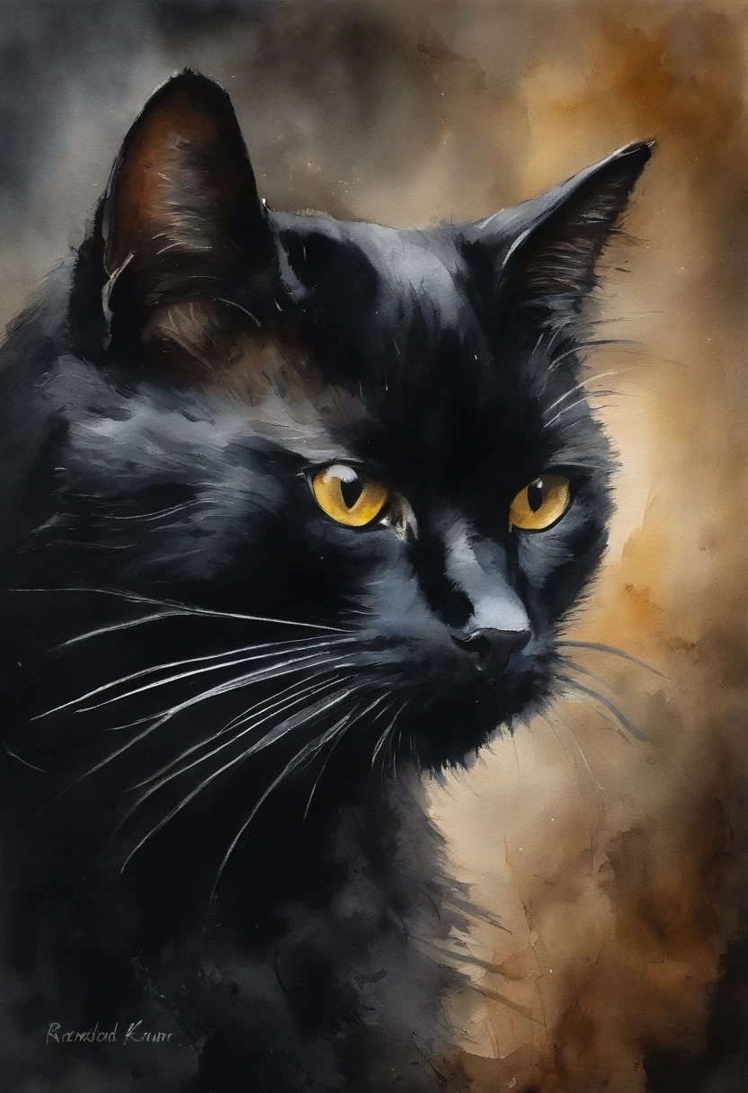 A painting of a black cat with yellow eyes looking at the camera ...