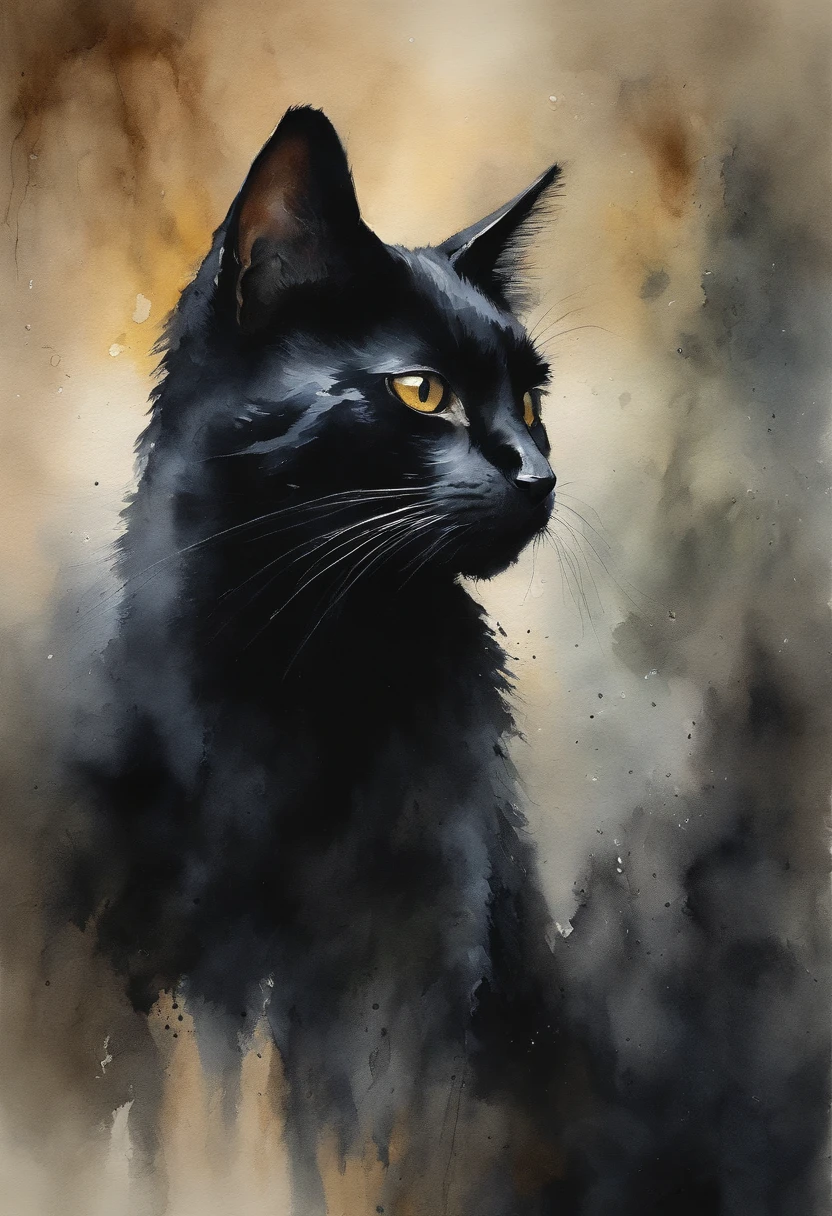 Heavy oil painting, Rembrandt van Rijn, Close up of a cute black cat looking mysterious, moody setting,