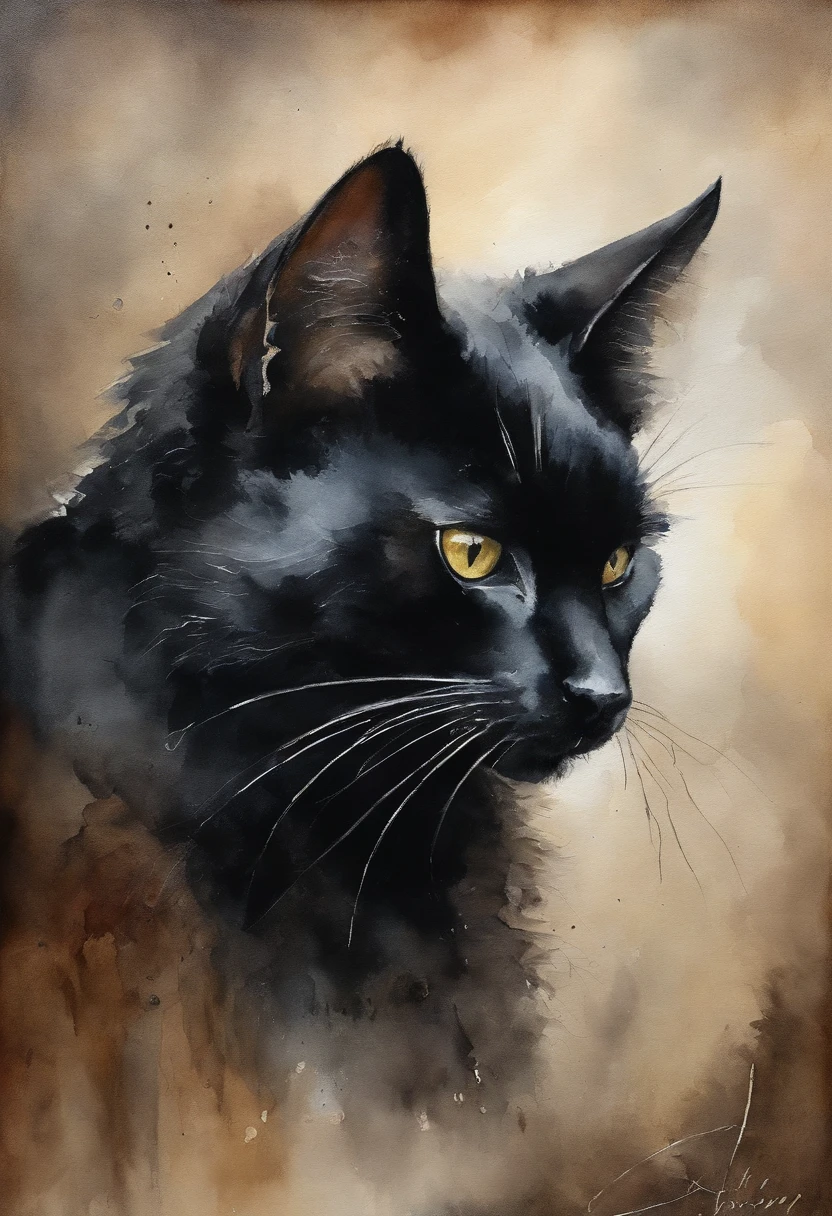 Heavy oil painting, Rembrandt van Rijn, Close up of a cute black cat looking mysterious, moody setting,