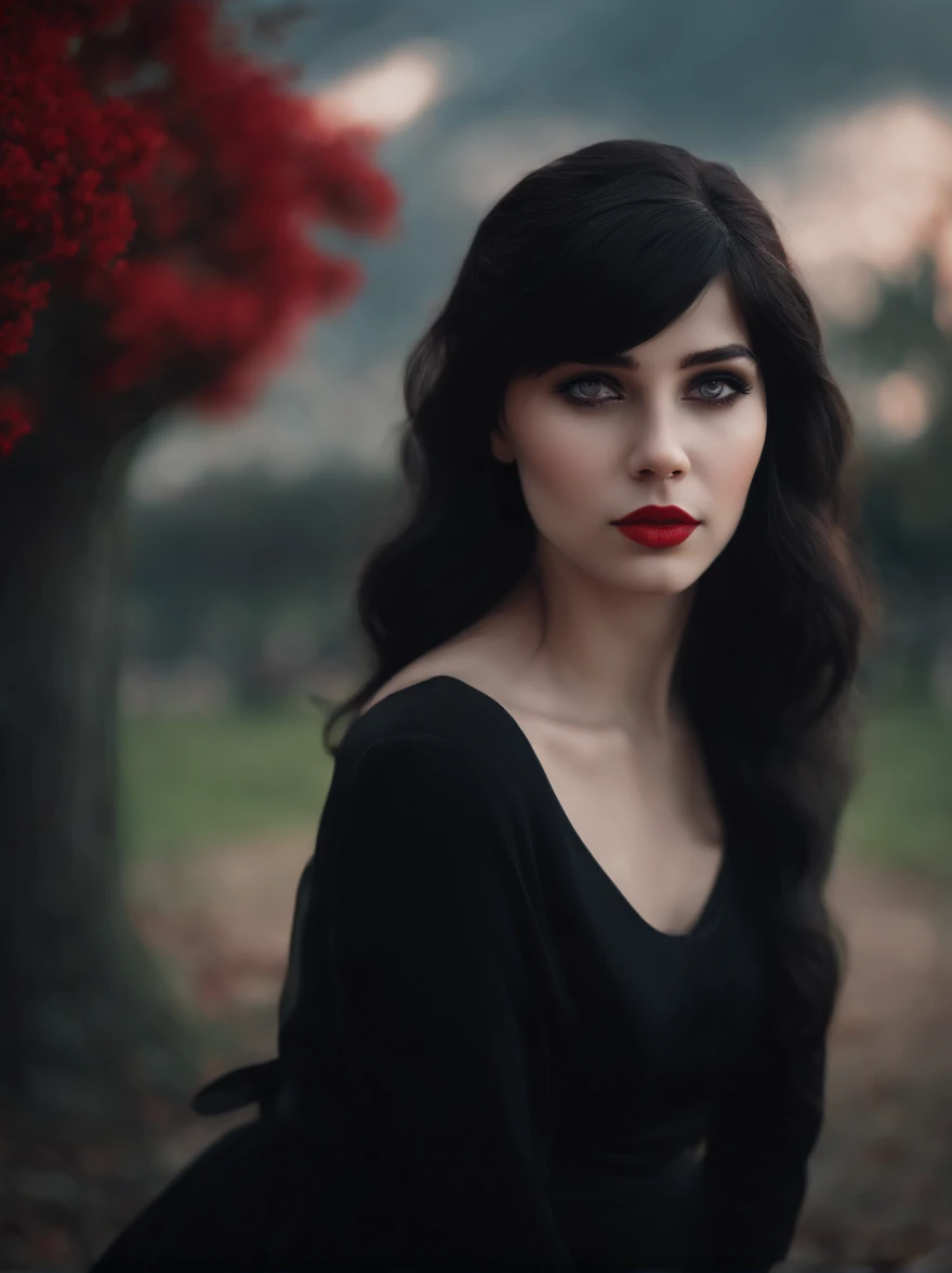 a girl with red eyes, red-black hair, a black dress, park, illustrations, high quality, detailed eyes and face, vivid colors, realistic lighting, concept art, soft color tones
