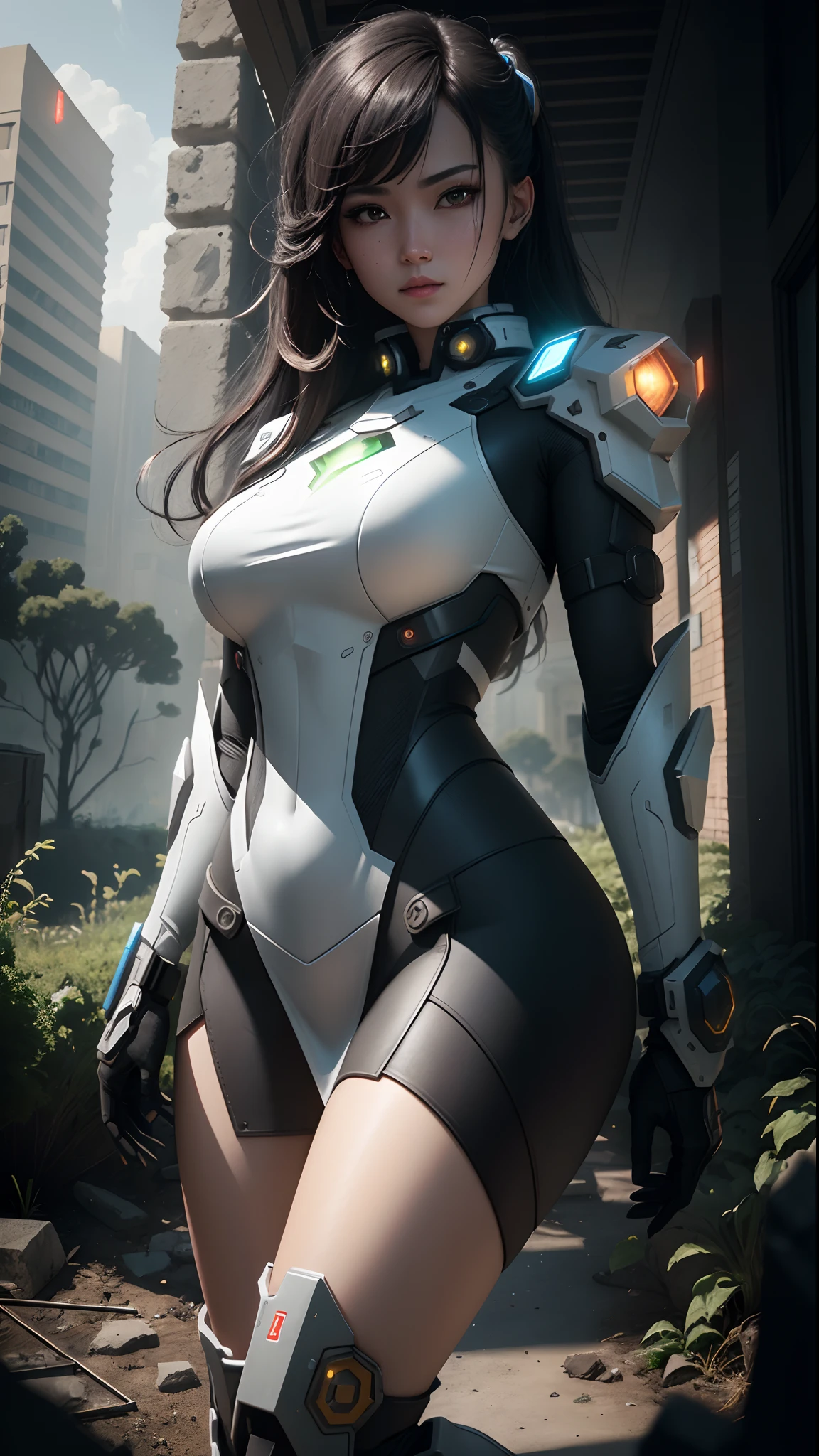 1 female,35 years old,Slim,Very large ,Big breasts and thin waist,Long legs, Solitary,(background:,Cherry blossom forest,Rainforest)running, She has short black hair,Front view, twisted braid cloudy sky,(((masterpiece),(Very detailed CG unified 8K wallpaper),best quality,Light,详细background,Beautiful and delicate eyes,Smart pupils,black eyes,Snow-white skin,Red lips(very delicate and beautiful),(Beautiful and detailed description of the eyes),Ultra Detailed,masterpiece,))Facing the camera,high resolution,Ultra Detailed),nude,green lantern,Wear a futuristic mech,White color scheme,green lantern服装