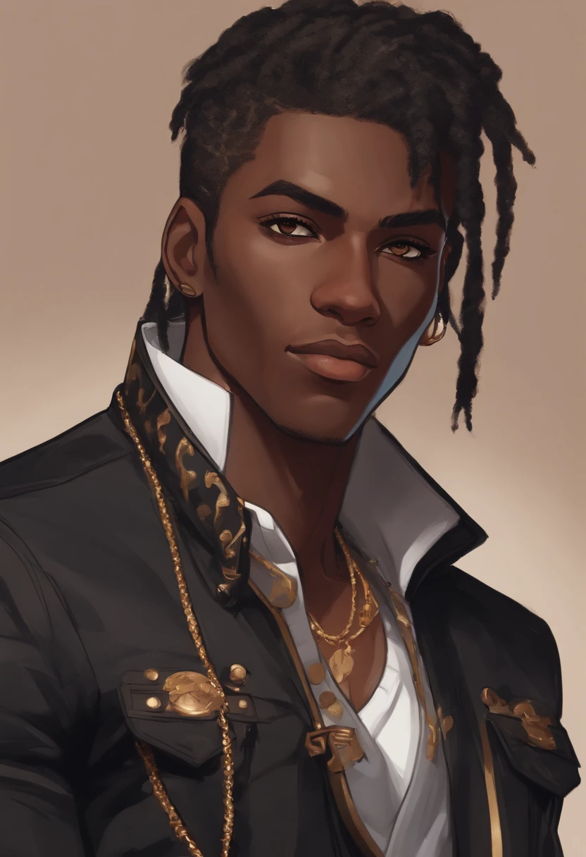 Dark-skinned young man with brown eyes and black jacket, Dreadlocks bleu clair, style dreadlock cheveux, dans un style humain, Colorful sketch, Unrealistic character concept, Personnage concept portrait de moi, detailed character portrait, Personnage de style anime, Portrait de style anime, un portrait de personnage, cel - shaded art style, Her outfit consists of a black, unbuttoned blazer with gold-colored buttons on the front of the blazer and on the bottom of his sleeves and he wears a white V-neck shirt, pantalon blanc, une grande ceinture noire avec une boucle en or, a smaller black belt hanging from the side of her hip, et a sur les chaussures beige avec des boucles noires, inspiré par King of Fighters