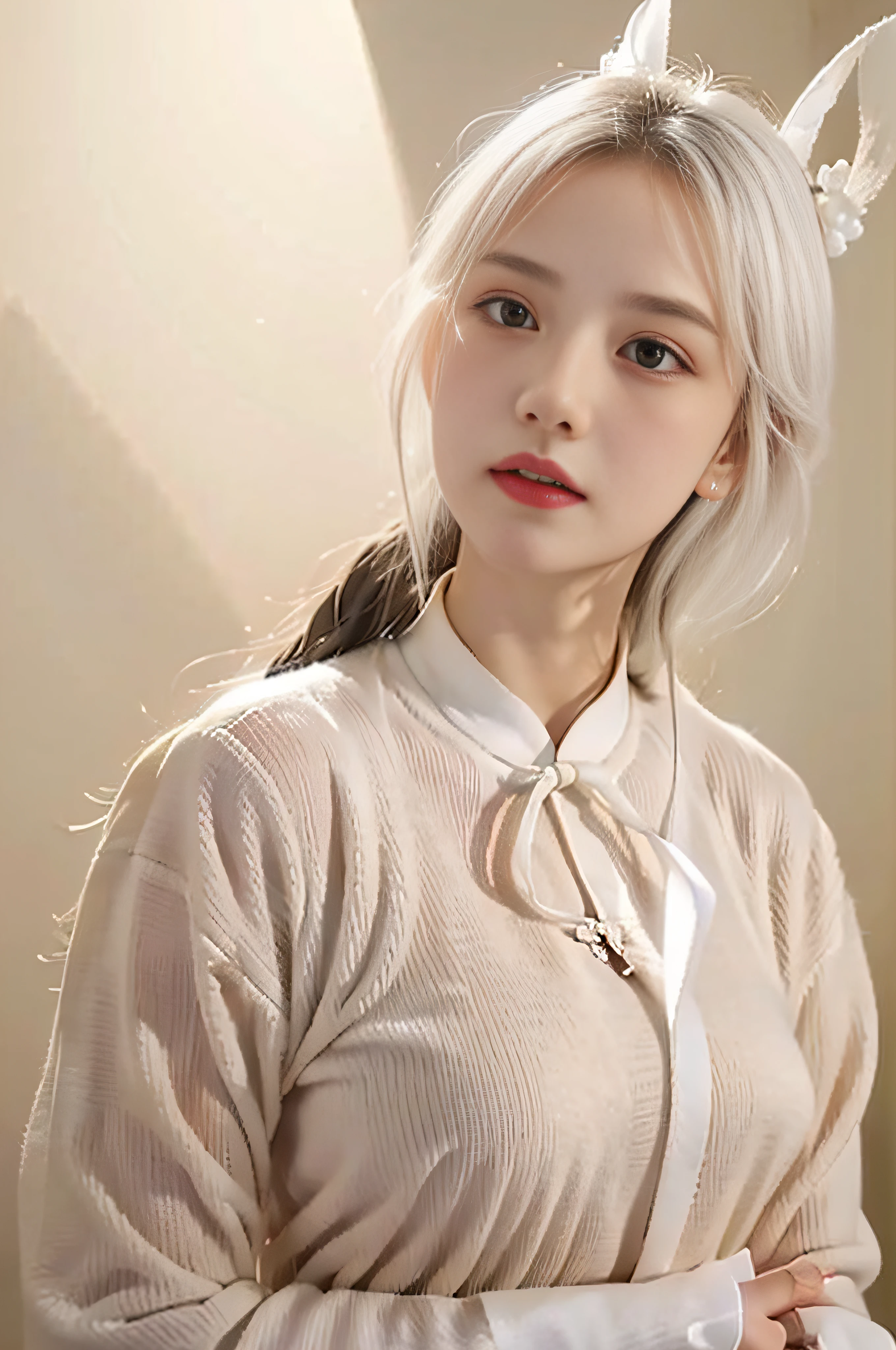 photorealestic,White hair,Sweaters,Hanfu,Harnes,s delicate face,The ribbon is blindfolded,The upper part of the body,lewd nun