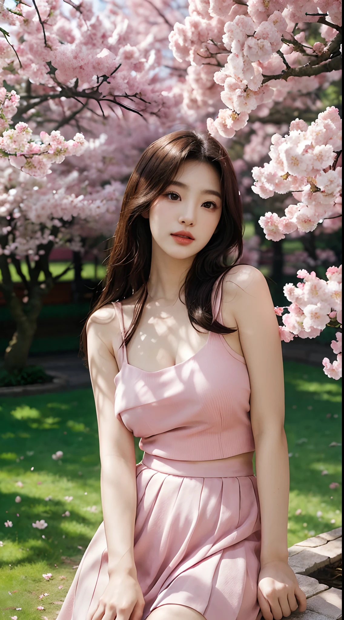 Best quality, 4K,8K,Realistic, Photorealistic, extremely detaile, An extremely delicate and beautiful, Photo, Japanese and Korean beauties,South Korean beauties,Wear JK, mini-skirts,Large breasts,perfect boobs,(Beautiful detailed eyes,beautiful detailed lips,Extremely detailed eyes and face,long eyelasher), Beautiful hair, joyful expressions, Surrounded by cherry blossom trees, Kawaii style, In a picturesque garden full of sunshine. The artwork is of the best quality, With ultra-detailed features and realistic, Realistic touch. vibrant with colors,The lighting creates a warm atmosphere, Dreamy atmosphere.