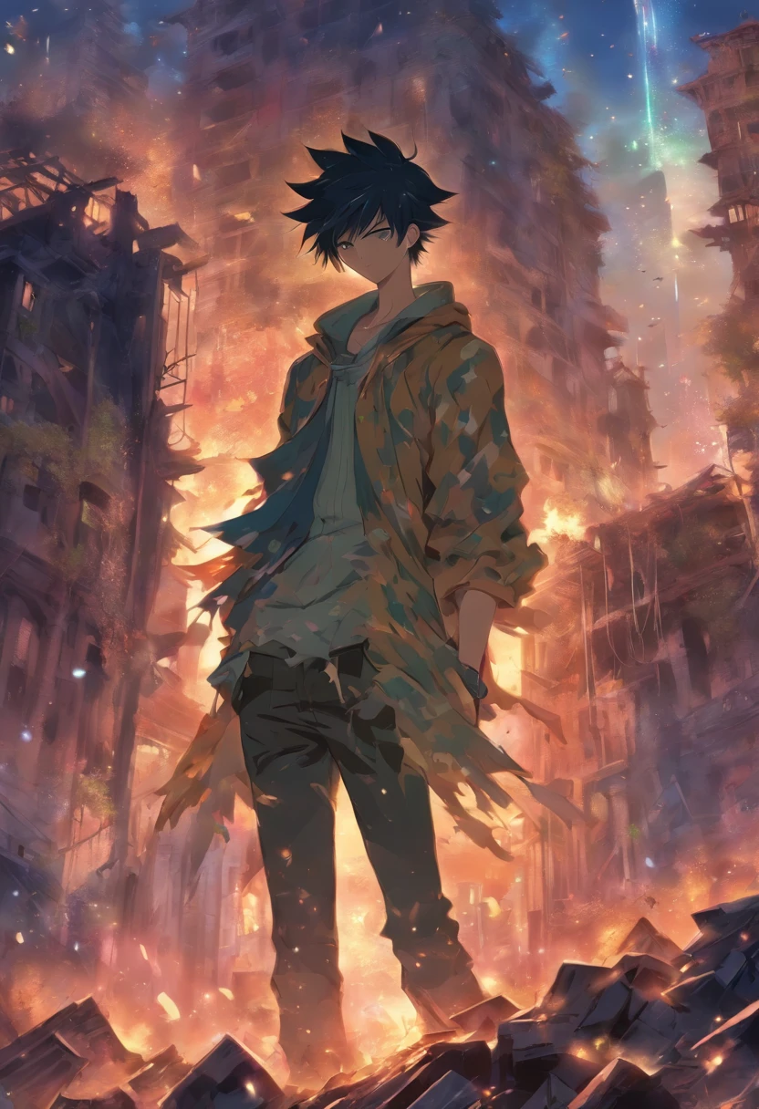 /imagine prompt: A young man with a slender figure standing in the midst of ruins, wearing tattered clothes but appearing calm and composed, surrounded by rubble and broken buildings, exuding a sense of desolation, ,32k, best quality, masterpiece, super detail, high details, by Makoto Shinkai ,in the style of the stars art group xing xing, --niji 5"