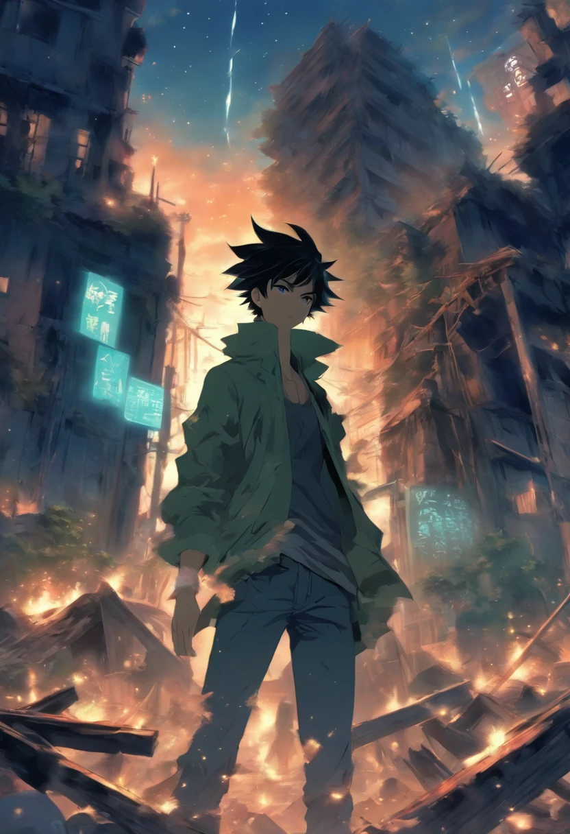 /imagine prompt: A young man with a slender figure standing in the midst of ruins, wearing tattered clothes but appearing calm and composed, surrounded by rubble and broken buildings, exuding a sense of desolation,  ,32k, best quality, masterpiece, super detail, high details, by Makoto Shinkai ,in the style of the stars art group xing xing,  --niji 5"