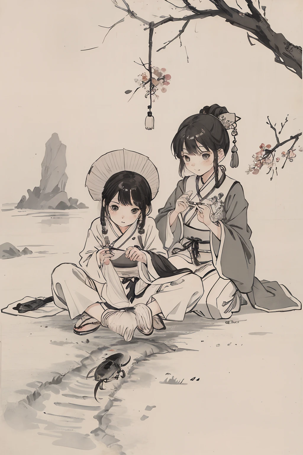 A close up of a painting of two people sitting on a beach - SeaArt AI