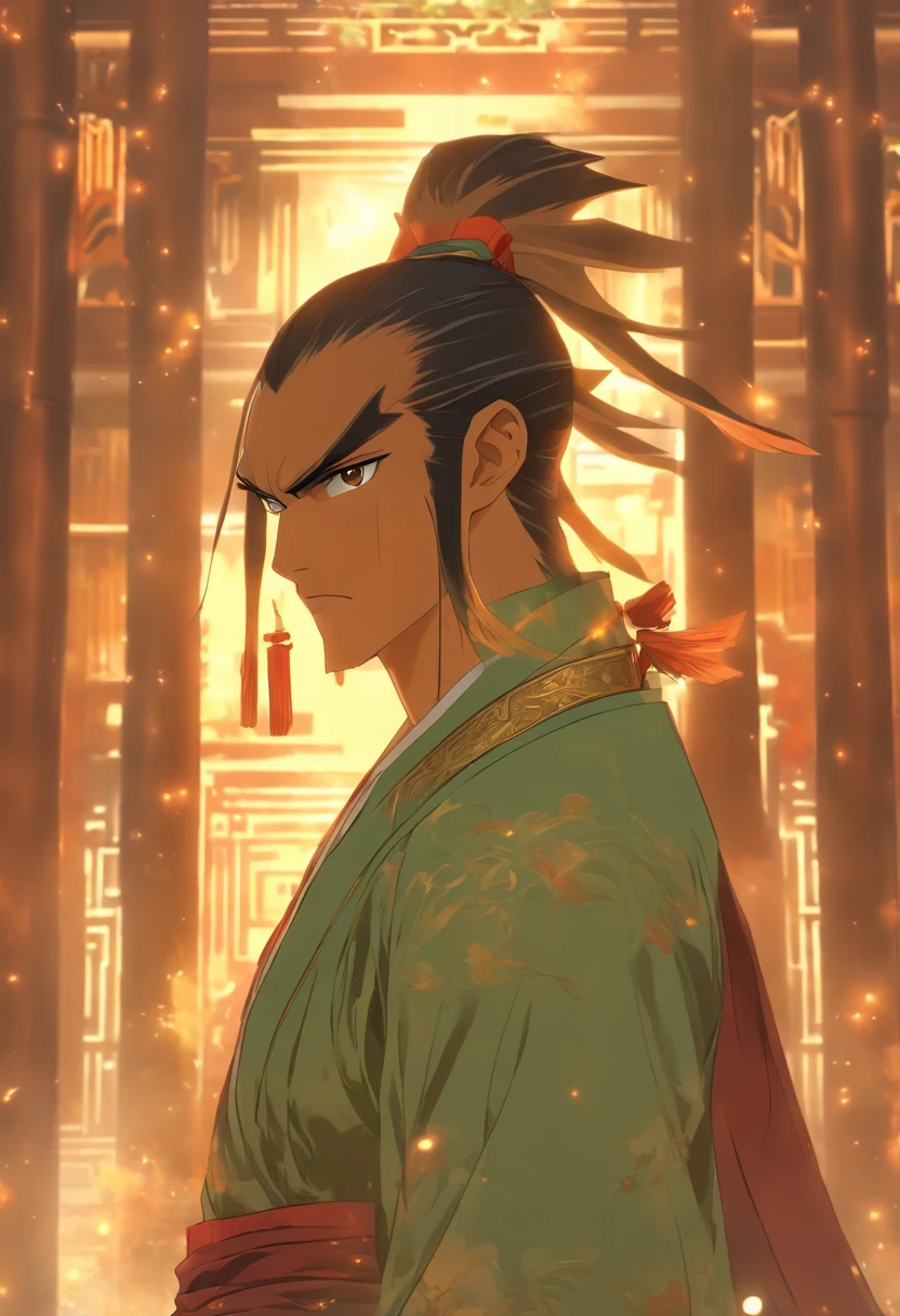 /imagine prompt: A tall and imposing man (Long Wushuang) glances around with a determined and dignified gaze. He stands in a solemn and majestic hall, surrounded by magnificent decorations and tall pillars.,32k, best quality, masterpiece, super detail, high details, by Makoto Shinkai ,in the style of the stars art group xing xing, --niji 5