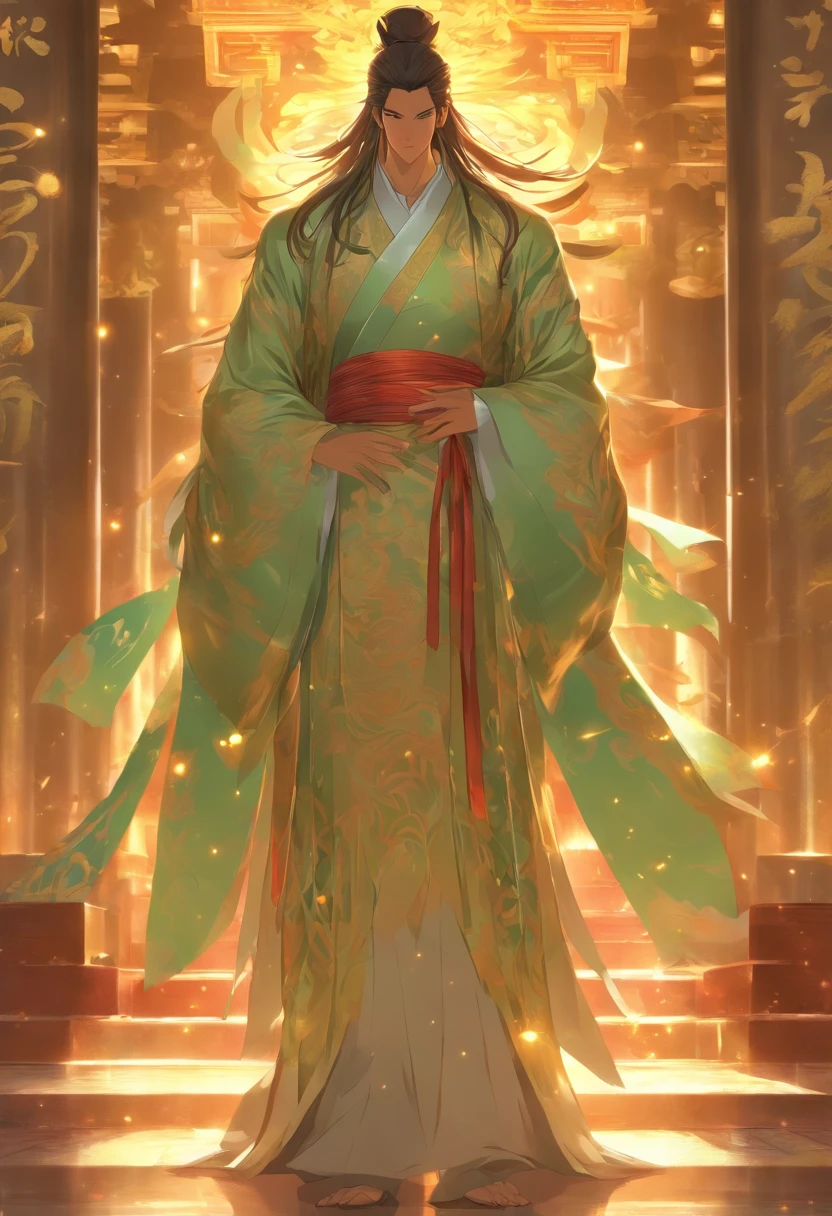 /imagine prompt: A tall and imposing man (Long Wushuang) glances around with a determined and dignified gaze. He stands in a solemn and majestic hall, surrounded by magnificent decorations and tall pillars.,32k, best quality, masterpiece, super detail, high details, by Makoto Shinkai ,in the style of the stars art group xing xing, --niji 5