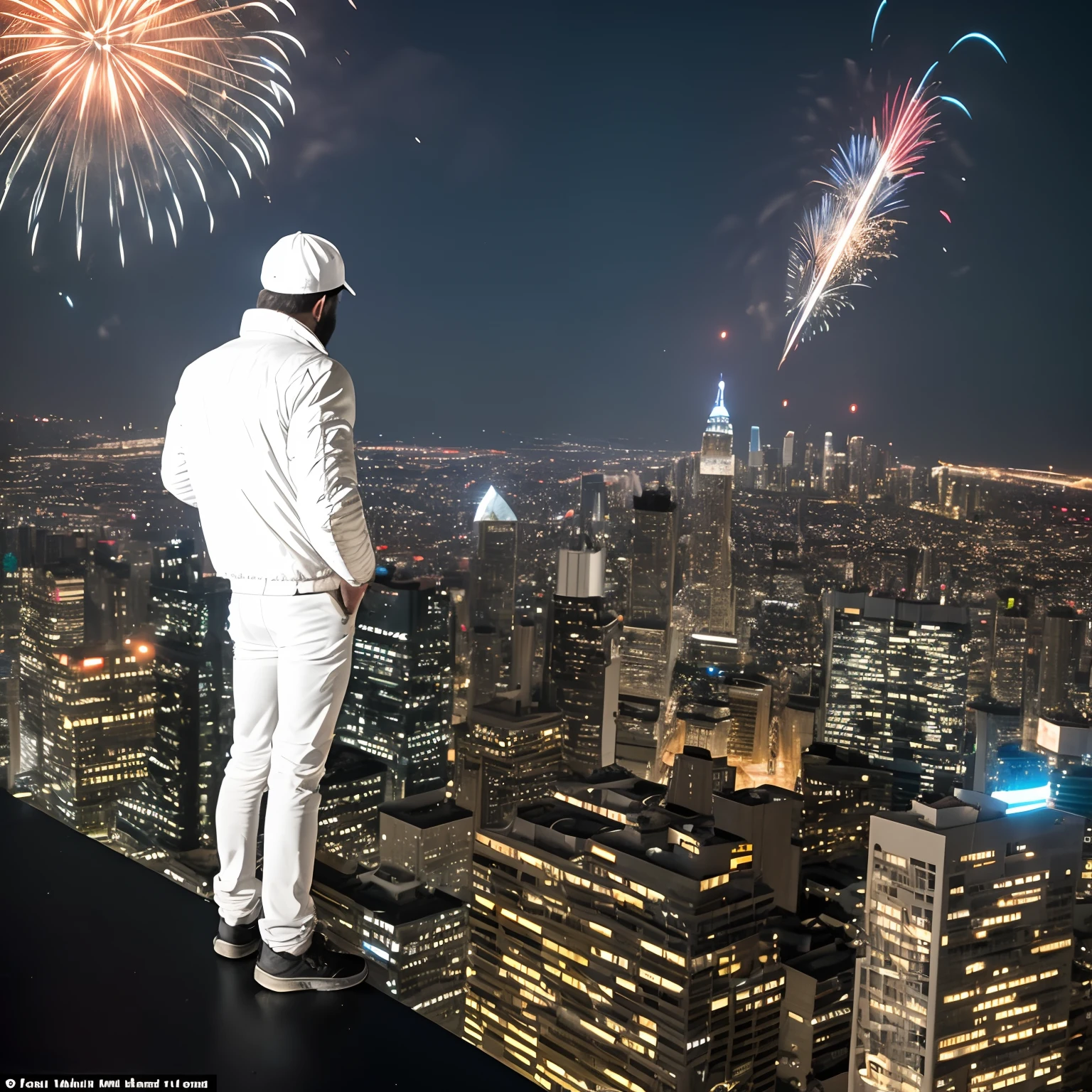 On top of a tall building at night a single firework explodes in the sky as a young man in a white cap and white jacket lifts a bottle and watches the city with his back to the camera on the parapet