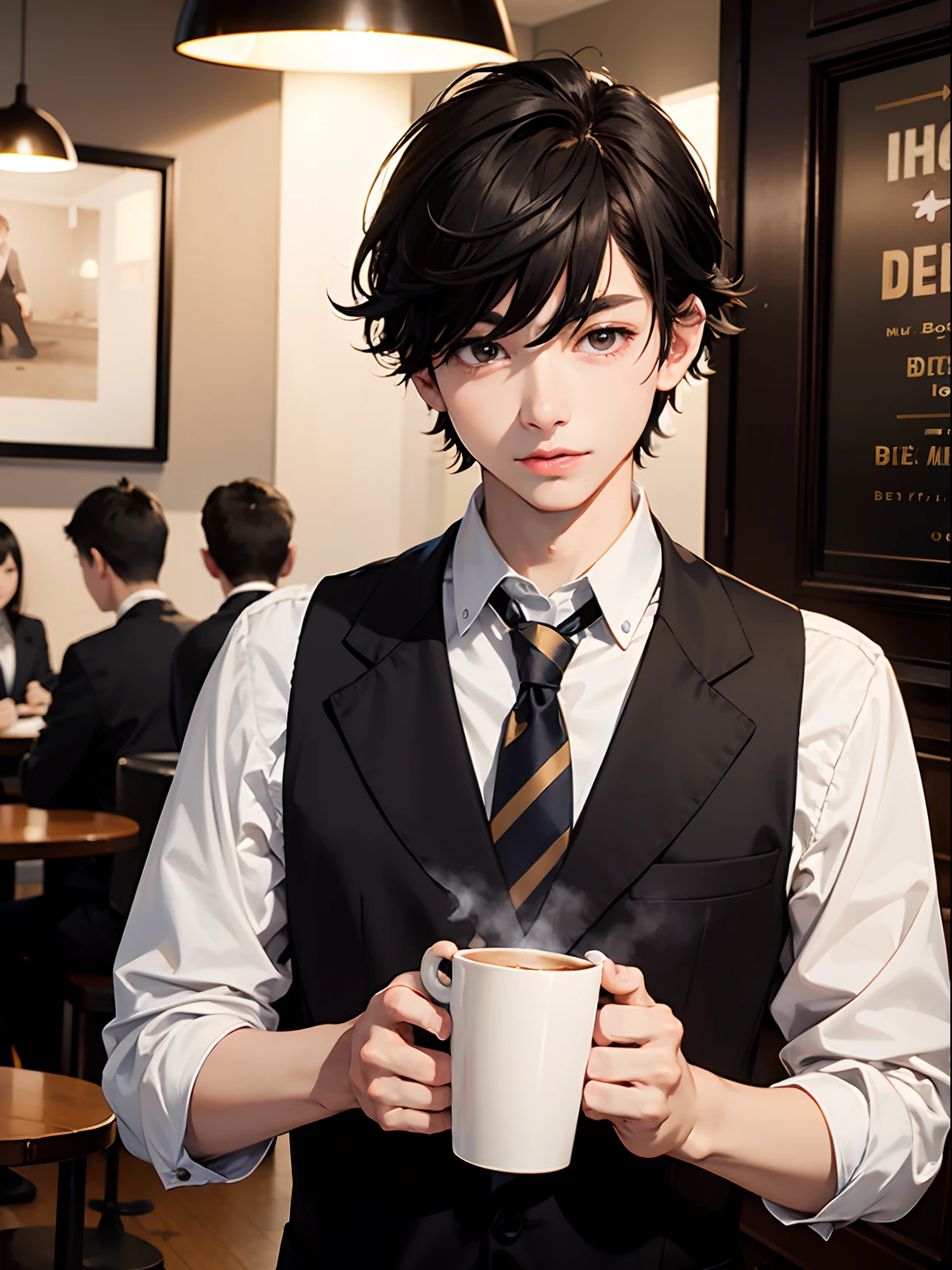 1boy, only、(Man's :2),(bobhair:1.5)、A dark-haired、Drinking coffee、Brightly colored ties、cafes、beautiful lighting、hightquality、masutepiece,8K,hight resolution、