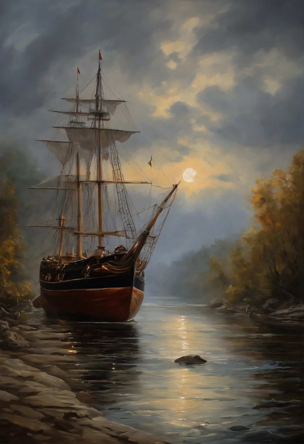 Real picture（（Oil paints ））Landscape painting,acrycle painting，Brush strokes，With unparalleled realism,ultrawide,ominous skies,Sail ships,Wooden boats,Lotus,Huge waves,Starry night,Harry Potter,voluminetric lighting,Clearing,Realistic,james gurney,art  stations，（（Oil painting paint））