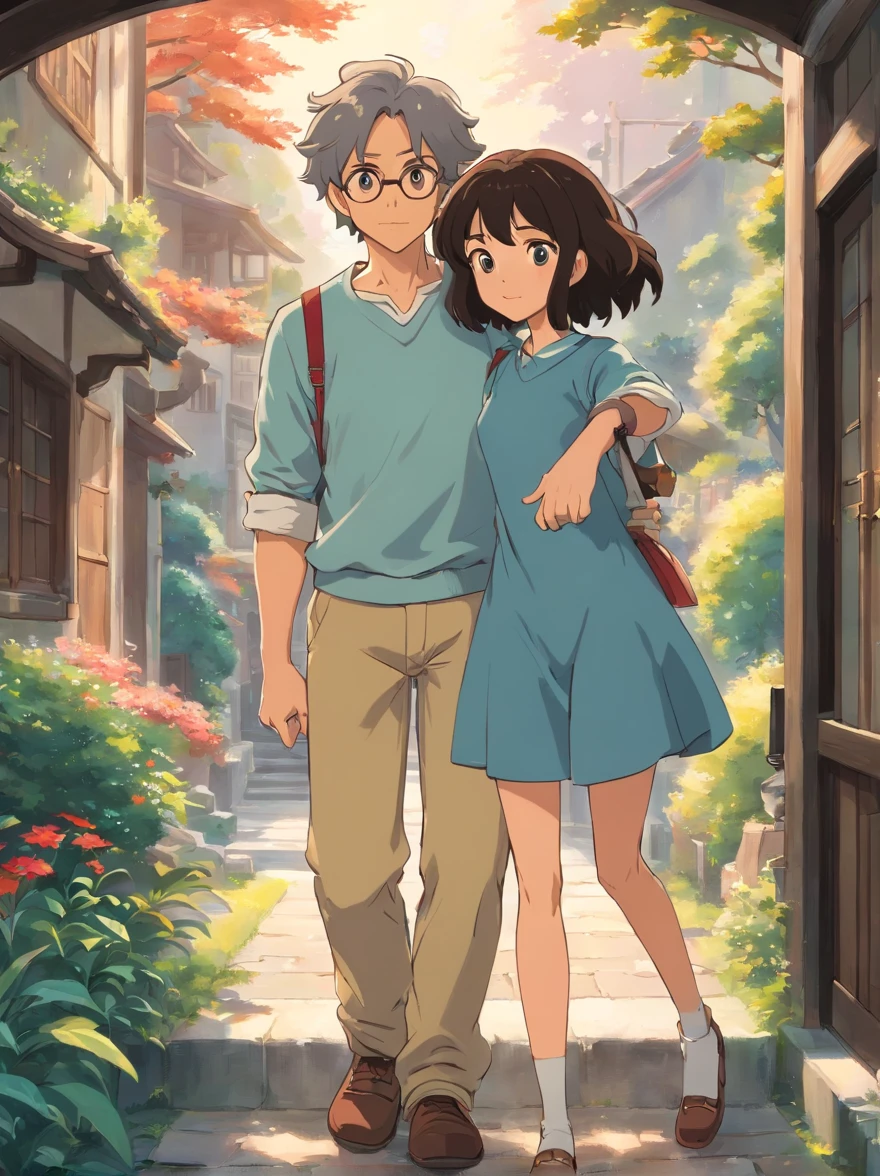 an illustration that highlights a man and a woman with beautiful, expressive eyes - the man's hair is straight and black, while the woman's hair is short and curly and also black. They are placed on a bright campus, each carrying books, and sharing a special moment characterized by love, laughter, and educational insights. Illustrate this scene from a perspective where they are facing away from the camera, showcasing their connection. Develop this artwork in Full HD, focusing on its cinematic touch.