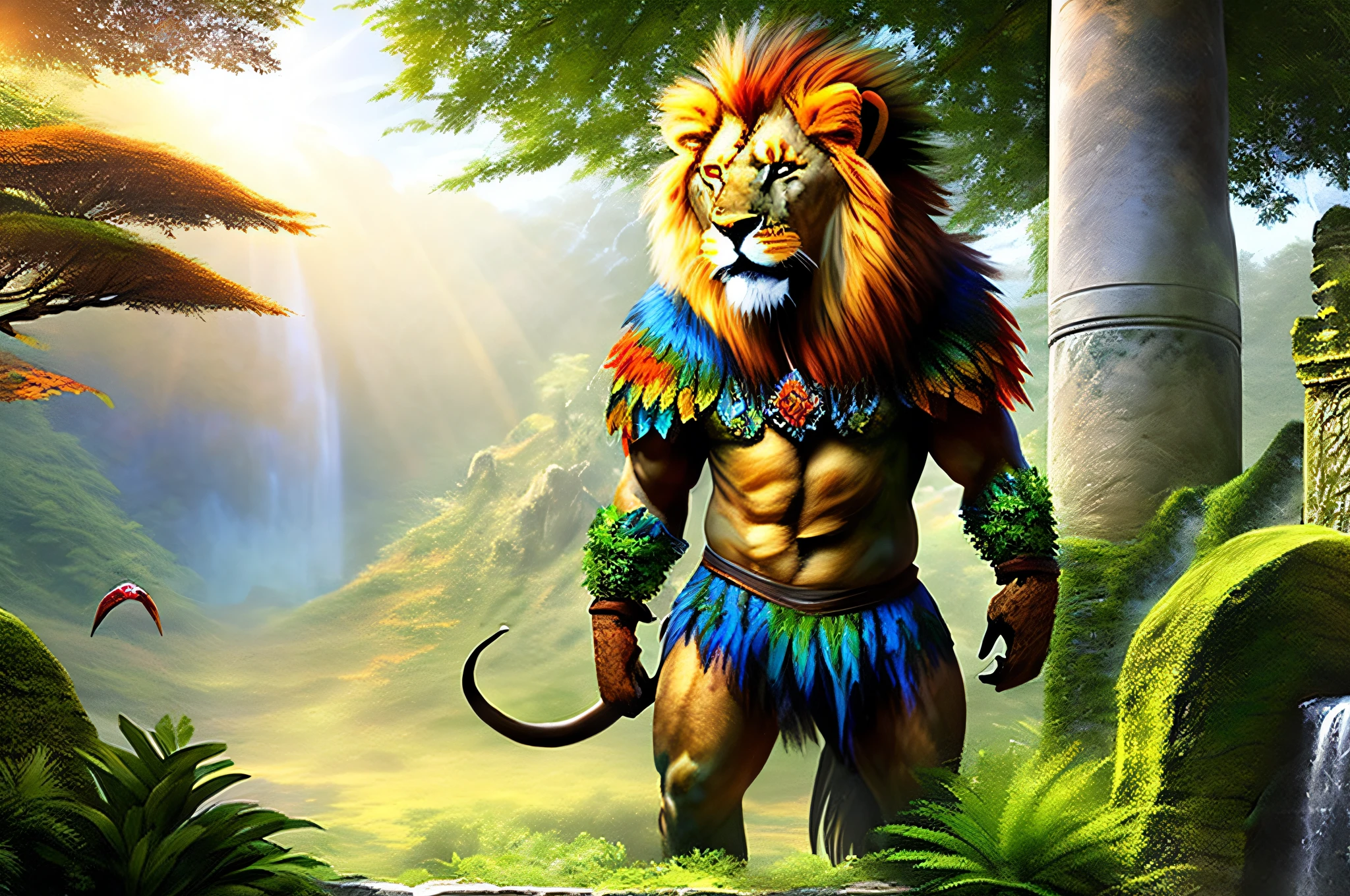 (a realistic depiction of a humanoid lion standing majestically in a lush fantasy jungle), (a lion with a man's body: 1.4),warrior clothing, dappled sunlight, vibrant colors, extraordinary details, sharp focus, immersive 3D rendering , ultra-fine painting, dynamic effects lighting patterns, densely packed trees and plants, dense ancient vines, hanging moss, sun rays piercing the canopy, fantastic creatures, misty fog, playful parrots, tantalizing and shimmering waterfalls, majestic ancient ruins, serene atmosphere, otherworldly atmosphere, very realistic, award-winning image