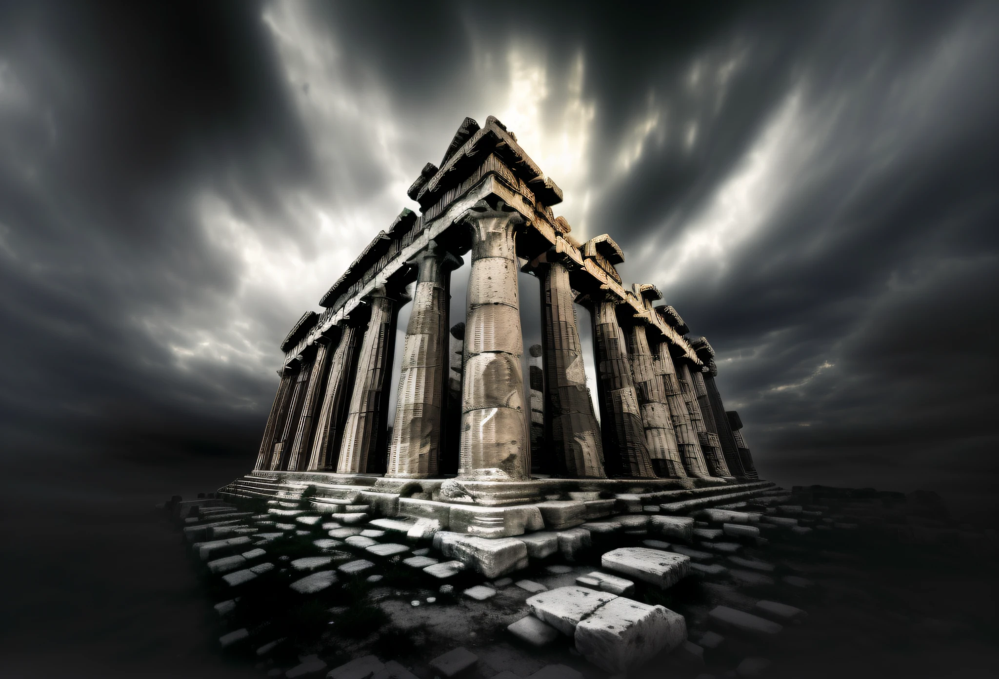 a closeup of a building with a sky background, Templo grego, Templo grego antigo, templo antigo, arquitetura antiga, ancient greek temple ruins, monolithic temple, fundo grego do templo, arquitetura antiga sagrada, atmosfera antiga escura, templo arruinado, Parthenon, dramatic wide-angle, Ancient Greek ruins, greek acropolis, a mystical temple, dramatic architecture