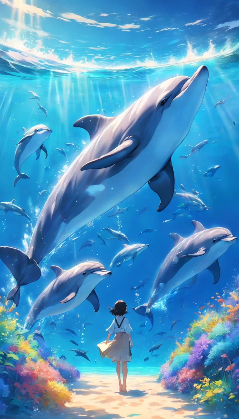 Painting of dolphins swimming in colorful ocean, Look up at the composition, Live water and whales from the sky, inspired by Cyril Rolando, dreamy psychedelic anime, colorful anime movie background, A beautiful artwork illustration, author:Shitao, colorful concept art, Makoto Shinkai Cyrillo Rolando, in the style of Cyril Rolando, flying whale, highly detailed water colour 8k, highly detailed water colour 8 k,octane,the end,Realistic,8K,Estilo de Makoto Shinkai( reasonable design, 清晰的线条, High- sharpness,Best quality, Very detailed, Master parts, movie light effect, 4K )