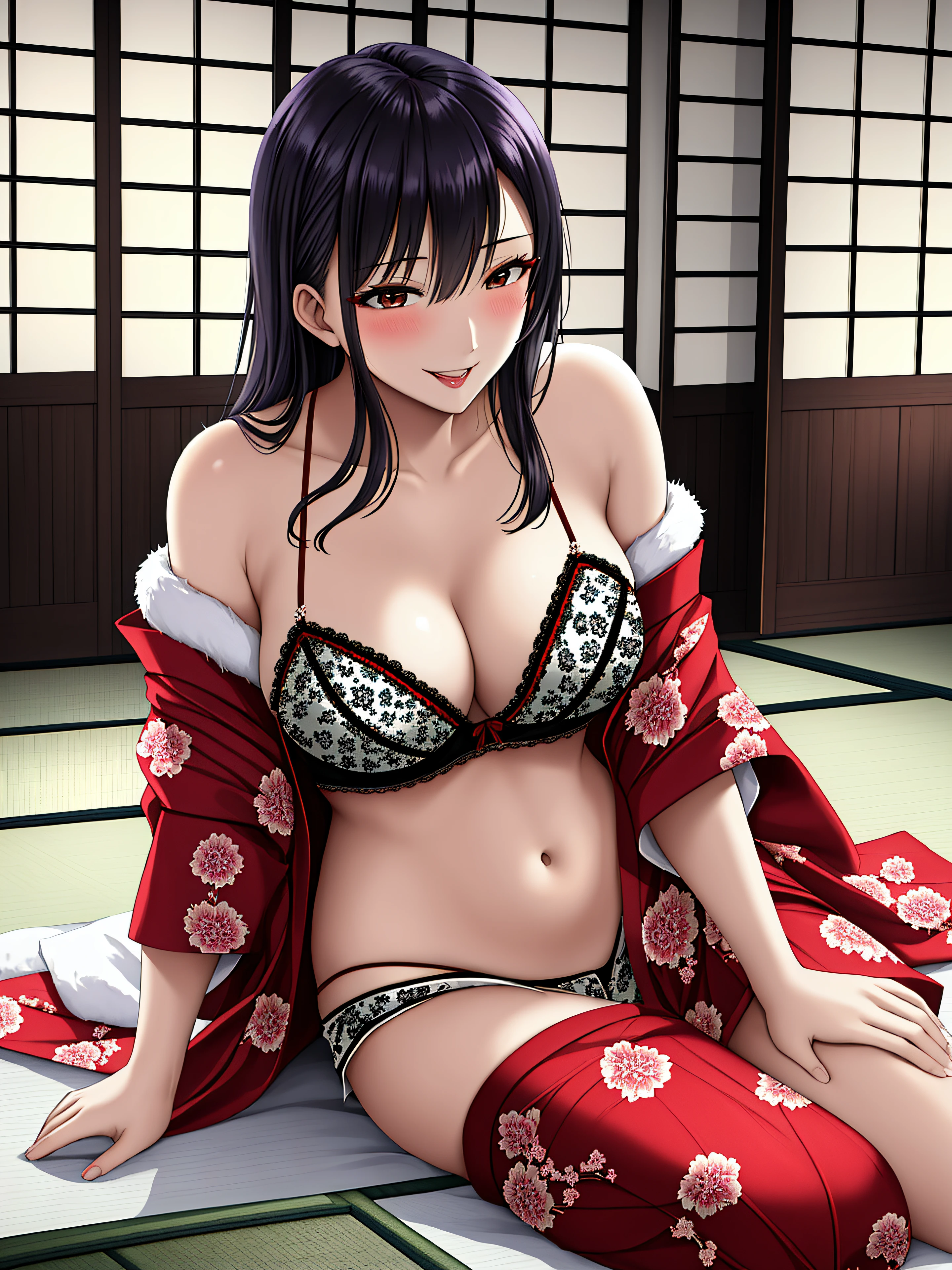 top-quality、masterpiece、One Woman、Beautiful and elegant woman, Loving Married Woman, Beautiful Married Woman, Sharp jawline,Gentle smile, Glad to see me, photogenic, Attractive woman、Wearing colored and patterned bras and shorts、traditional Japanese room、Tatami room、nighttime scene、Best Quality, masutepiece,