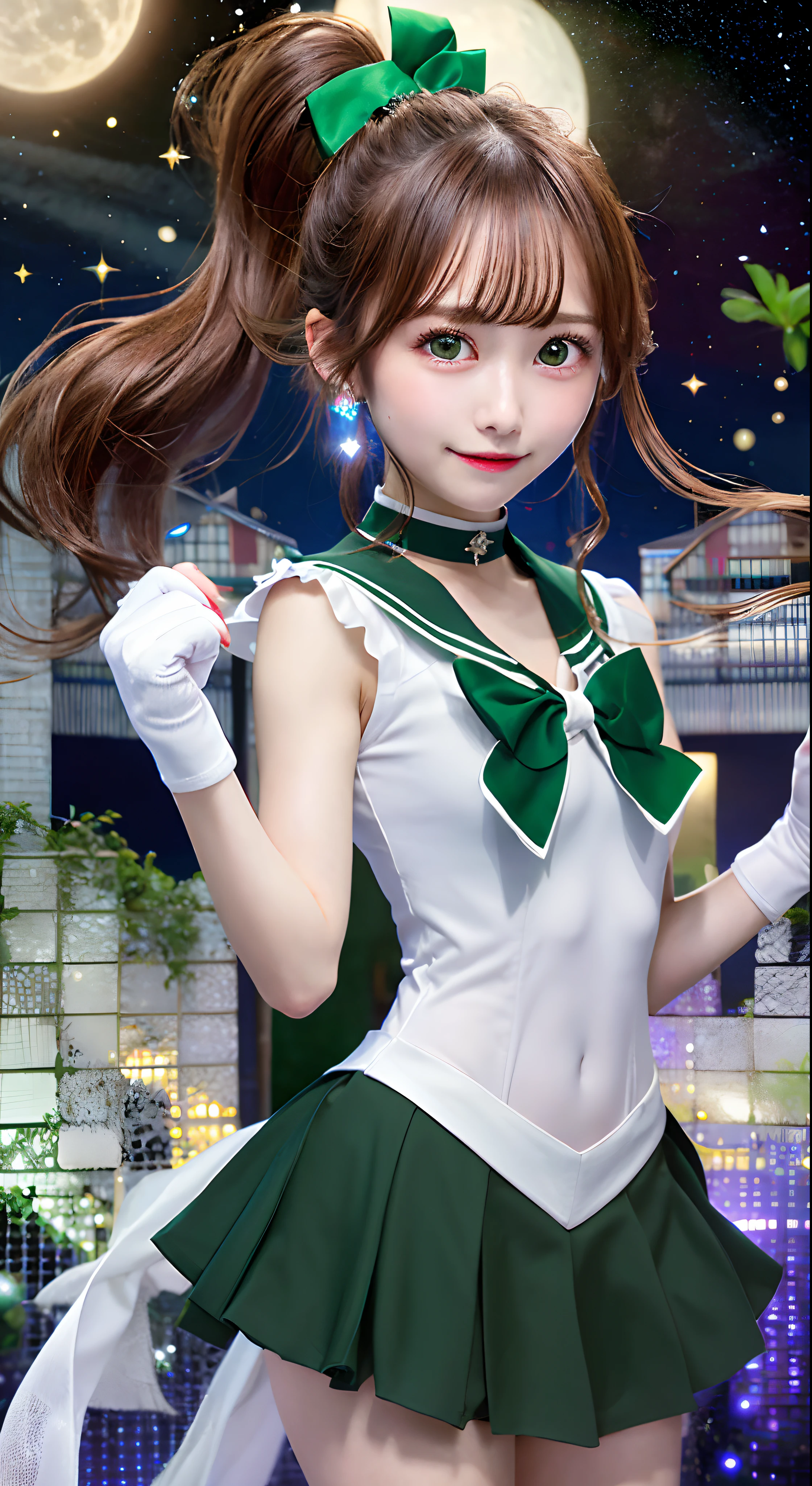 masutepiece, Best Quality, hight resolution, hmjupiter, Green eyes, Ponytail, tiarra, Jewelry, Sailor Senshi Uniform, green sailor collar, Choker, elbow groves, White Gloves, pink bows, brooches, Leotard, Green skirt, Cowboy Shot, Standing, Night, Jupiter、A smile、japanes、hi-school girl