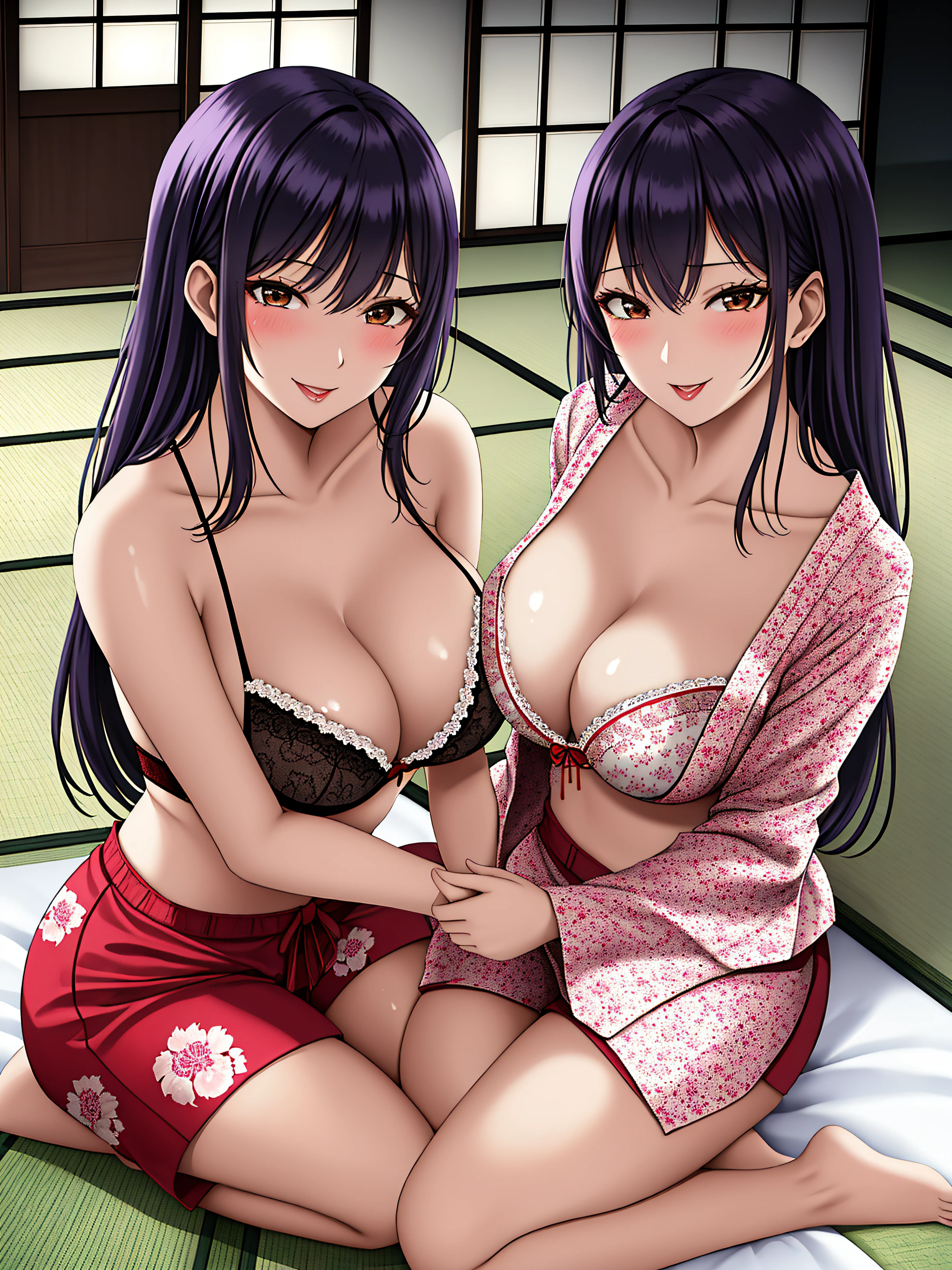 top-quality、masterpiece、One Woman、Beautiful and elegant woman, Loving Married Woman, Beautiful Married Woman, Sharp jawline,Gentle smile, Glad to see me, photogenic, Attractive woman、Wearing colored and patterned bras and shorts、traditional Japanese room、Tatami room、nighttime scene、Best Quality, masutepiece,