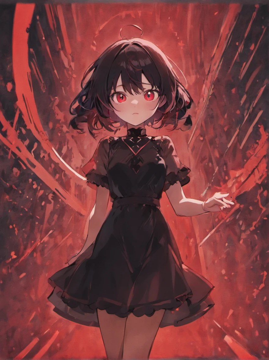 Girl with red eyes, red-black hair, black dress, Park, Illustrations, hiquality, Detailed eyes and face, Vivid colors, Realistic lighting, Concept art, Soft color tones