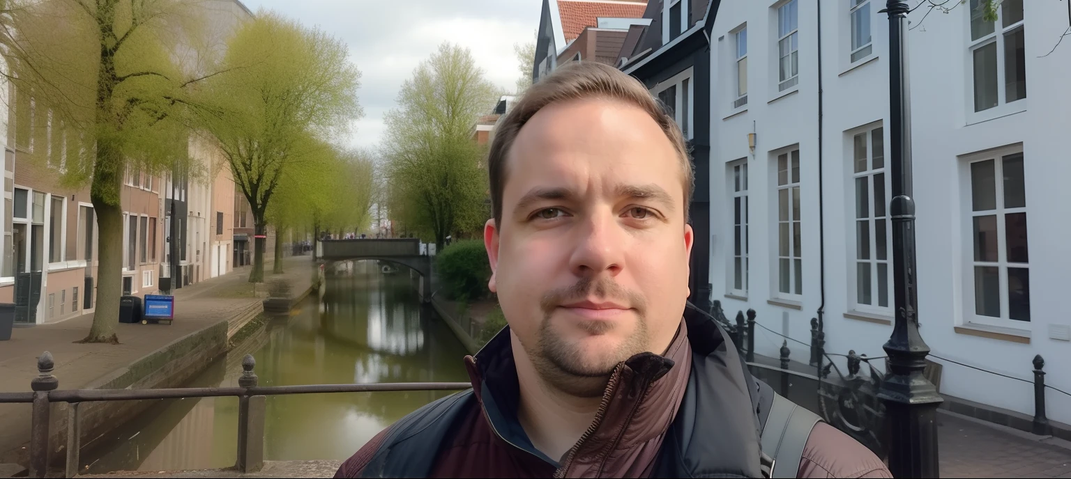 there is a man standing on a bridge looking at the camera, standing in a city center, 8k selfie photograph, profile picture 1024px, inspired by Hendrik van Steenwijk II, inspired by Hendrik van Steenwijk I, rik oostenbroek, inspired by Jacob van Utrecht, dutch camera view, inspired by Willem Labeij