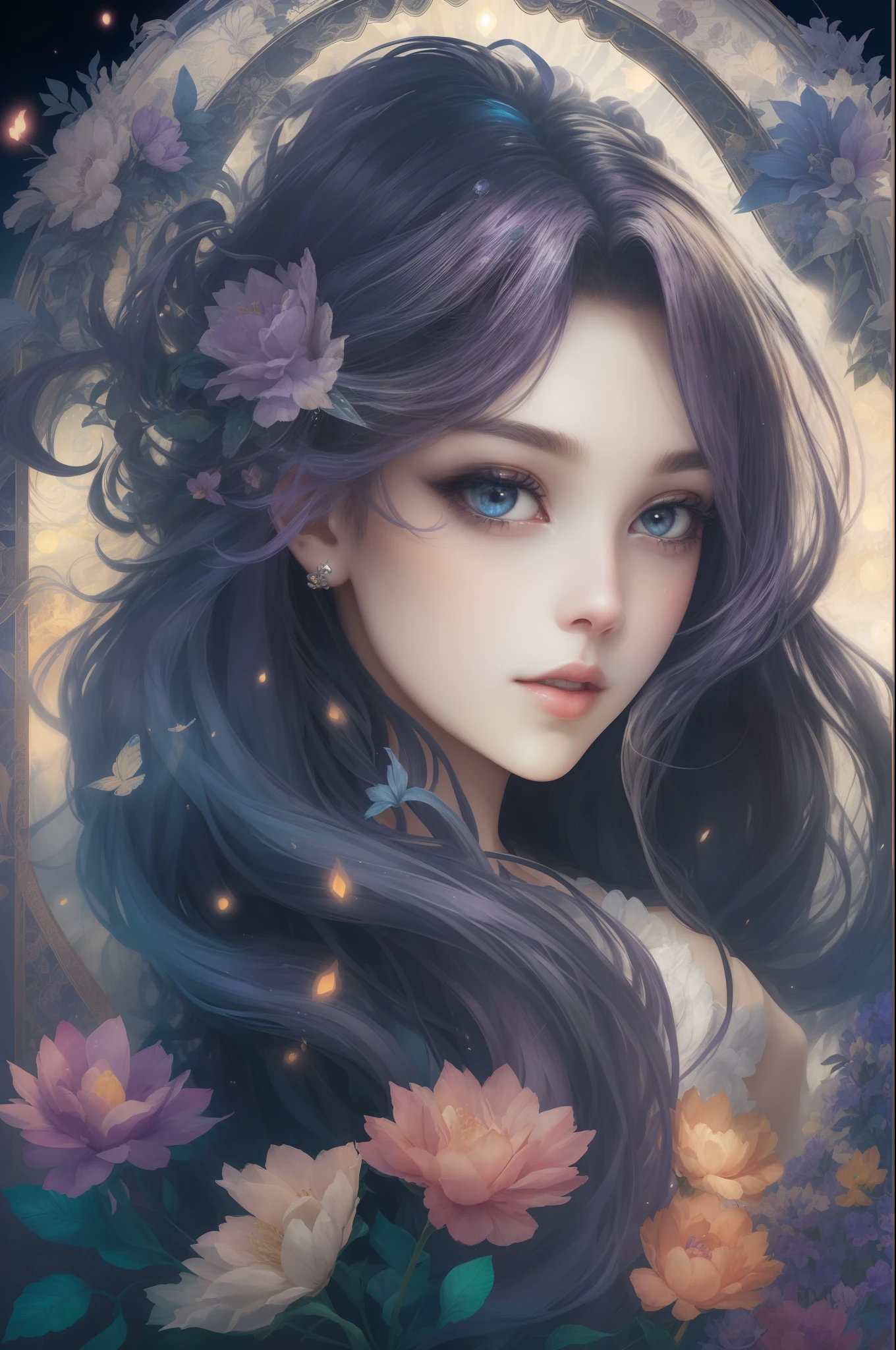 ((Gorgeous 18-year-old princess)),(She has long flowing purple hair),(Bright and beautiful eyes),trendding on artstation,Flowers of hope,ultra-detailliert,insanely details, Amazing, complex, elite, Art Nouveau, a gorgeous, Dreamy,Liquid wax, Luxurious, Ink style, a sticker, Vector art beautiful character design, Dual exposure shooting, Luminous design, winning artwork, tmasterpiece, AMOLED black background,optic