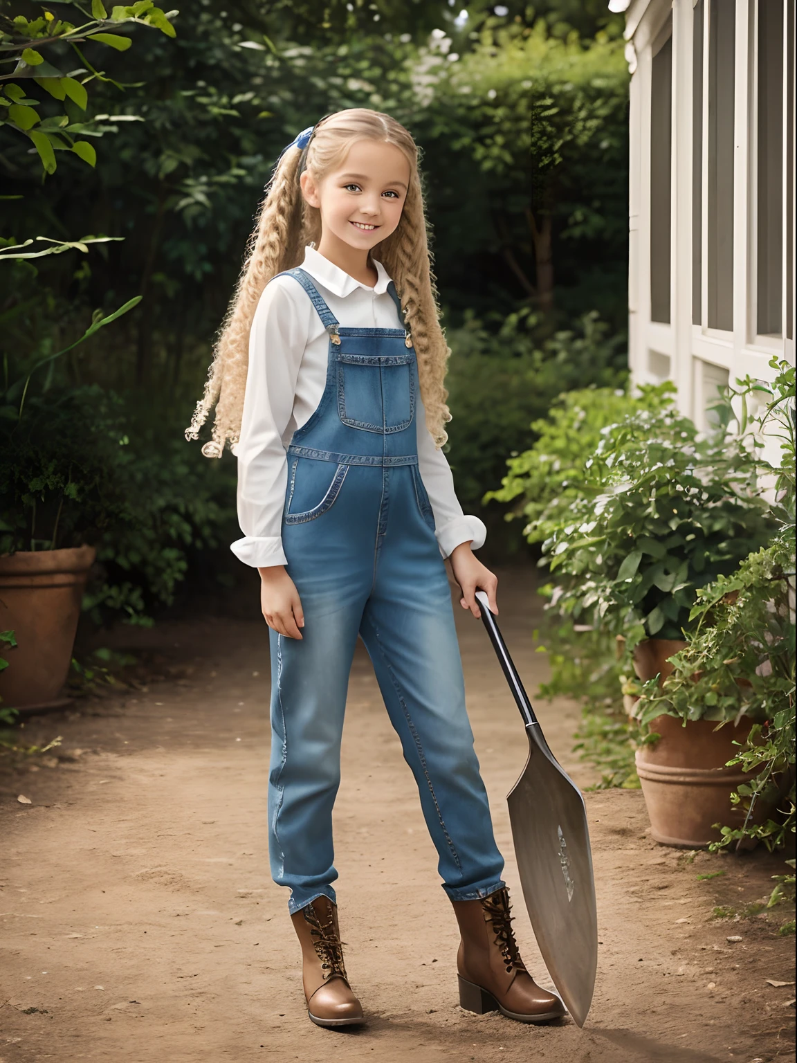 Professional realistic photography, Shot on a film SLR camera "Zorkiy-4", The focus is on a cute modest girl of ; natural blonde; long curly colored hair, Twintail; large shiny bright azure eyes, long fluffy eyelashes, Funny look; mischievous smile; orangery; Tight denim jumpsuit, lace-up boots; A shovel in his hands; Full-length photo from afar; Natural realistic detailed texture of human skin; High Expansion, High-quality textures of clothing, Realistic hair; Studio photography, soft natural lighting