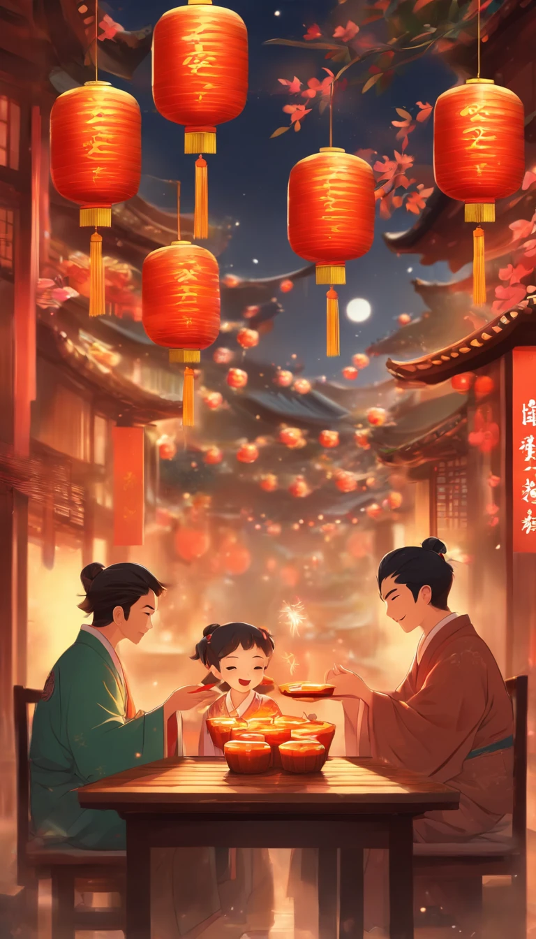 A family eats mooncakes,Men honor their parents with gifts in their hands, Happy family, There are mooncakes on the table,Gift in hand, tea drinking and paper lanterns, warm and joyful atmosphere, Digital illustration, Poster illustration, kid, , digital illustrations , Chinese style painting, , exciting illustration,
