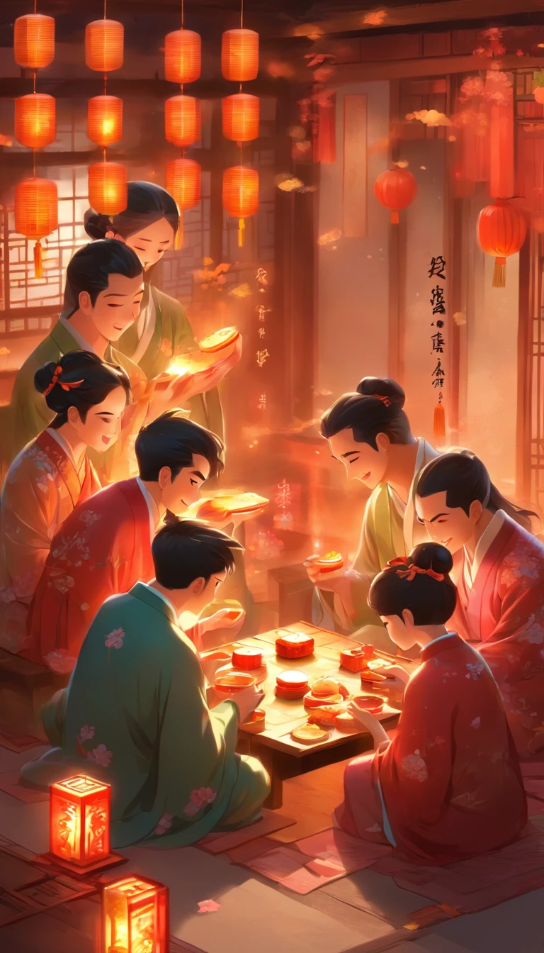 A family eats mooncakes，Men honor their parents with gifts in their hands, Happy family, There are mooncakes on the table,Gift in hand， tea drinking and paper lanterns, warm and joyful atmosphere, Digital illustration, Poster illustration, ???, , digital illustrations , Chinese style painting, , exciting illustration,