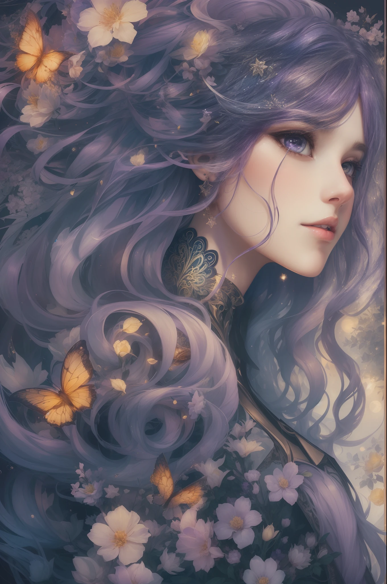 ((Gorgeous 18-year-old princess)),(She has long flowing purple hair),(Bright and beautiful eyes),trendding on artstation,Flowers of hope,ultra-detailliert,insanely details, Amazing, complex, elite, Art Nouveau, a gorgeous, Dreamy,Liquid wax, Luxurious, Ink style, a sticker, Vector art beautiful character design, Dual exposure shooting, Luminous design, winning artwork, tmasterpiece, AMOLED black background,optic