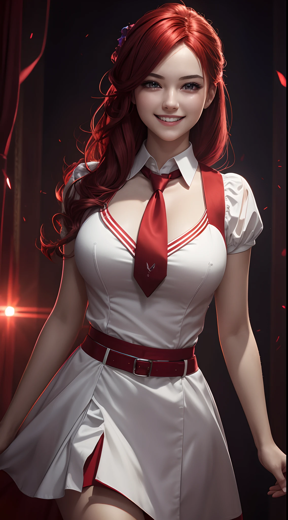 (masterpiece, best quality, medium shot, official art, NSFW, muted colors, HDR, soft lights), a redhead (witch) in dark red skirt dances in dark room, tight dress, big breasts, black stockings, smiling, dynamic erotic pose, detailed face and eyes, dark background