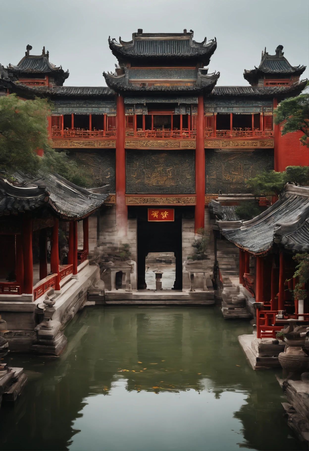 Cities in the air，Chinese style architecture，White tones，Holy Spirit，Faraway view，Multiple characters